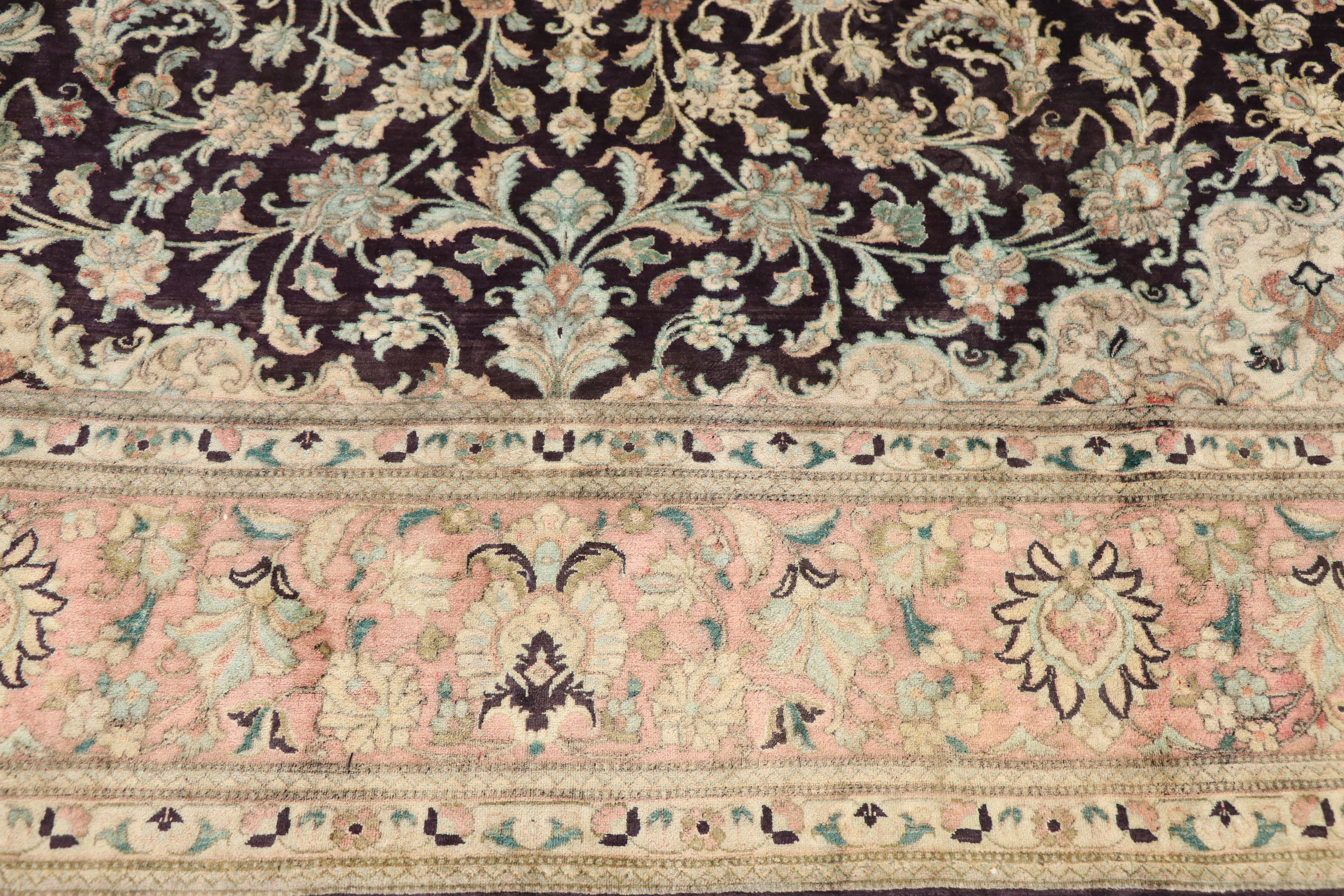 Hand-Knotted Vintage Persian Silk Qum Square Rug with French Provincial Style