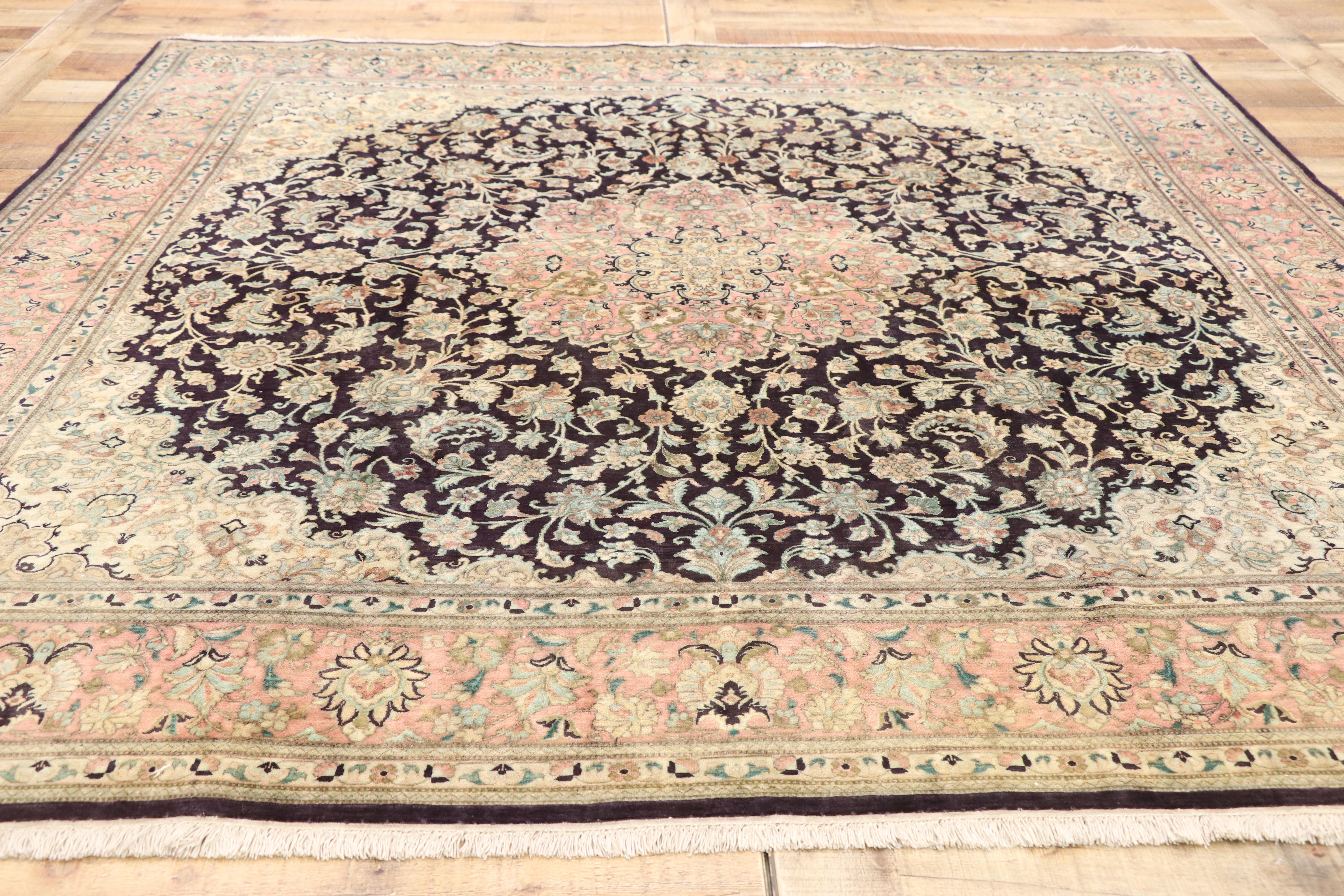 Vintage Persian Silk Qum Square Rug with French Provincial Style 1