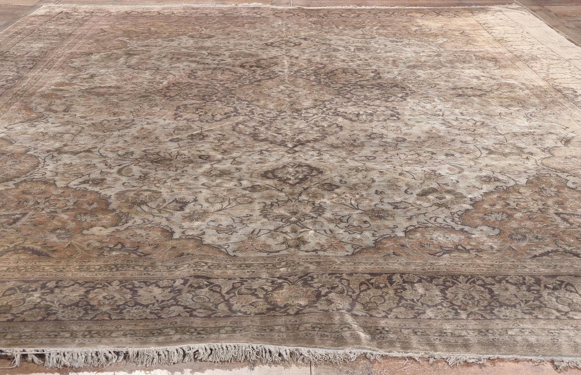Vintage Persian Silk Qum Rug with Chippendale Style In Distressed Condition For Sale In Dallas, TX