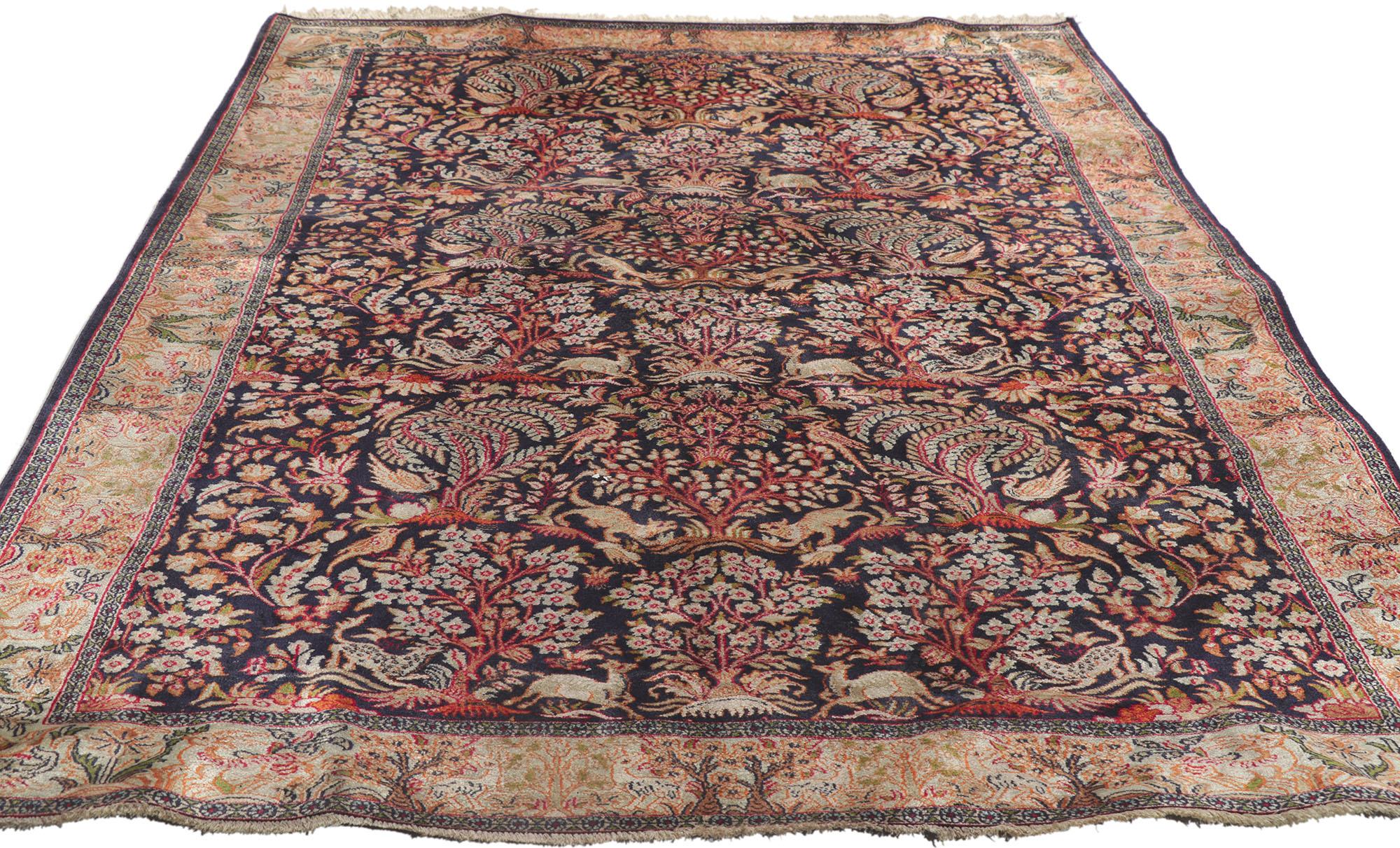 Kashan Vintage Persian Silk Qum Rug with Garden of Paradise Design For Sale