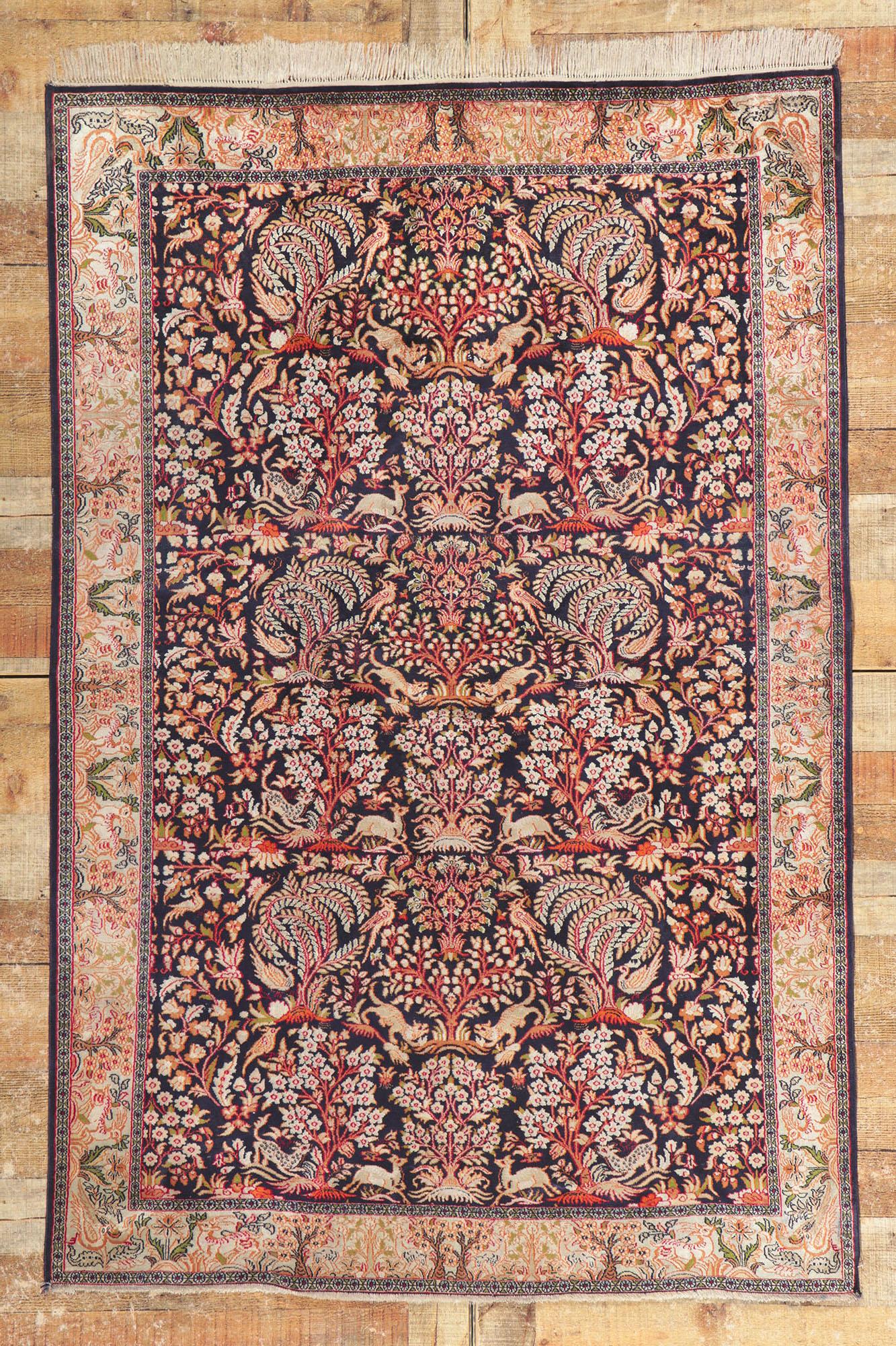 Vintage Persian Silk Qum Rug with Garden of Paradise Design In Good Condition For Sale In Dallas, TX