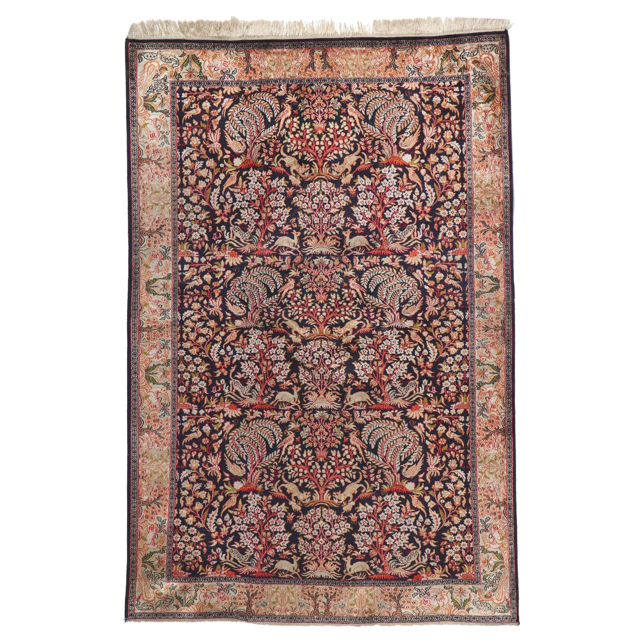 Persischer Qum-Teppich aus Seide mit Garten des Paradieses-Design im Angebot