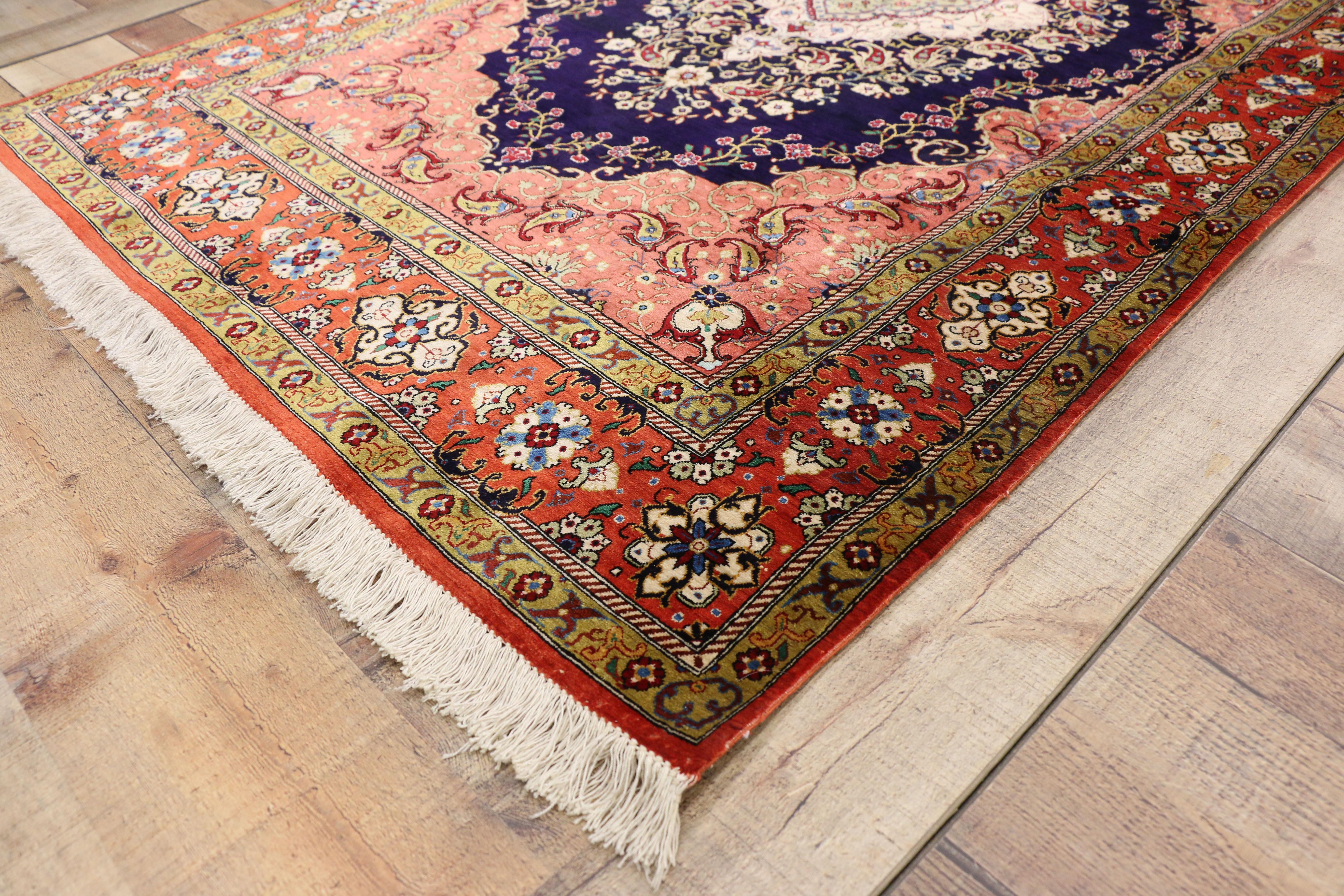 77198, vintage Persian silk Qum rug with French Rococo style. French Rococo decadence meets handwoven Persian excellence in this stunning hand knotted vintage silk Qum rug. At the centre, a celadon and ivory lobed diamond medallion against a