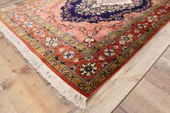 Vintage Persian Silk Qum Rug with Panel Inscription, French Rococo Style