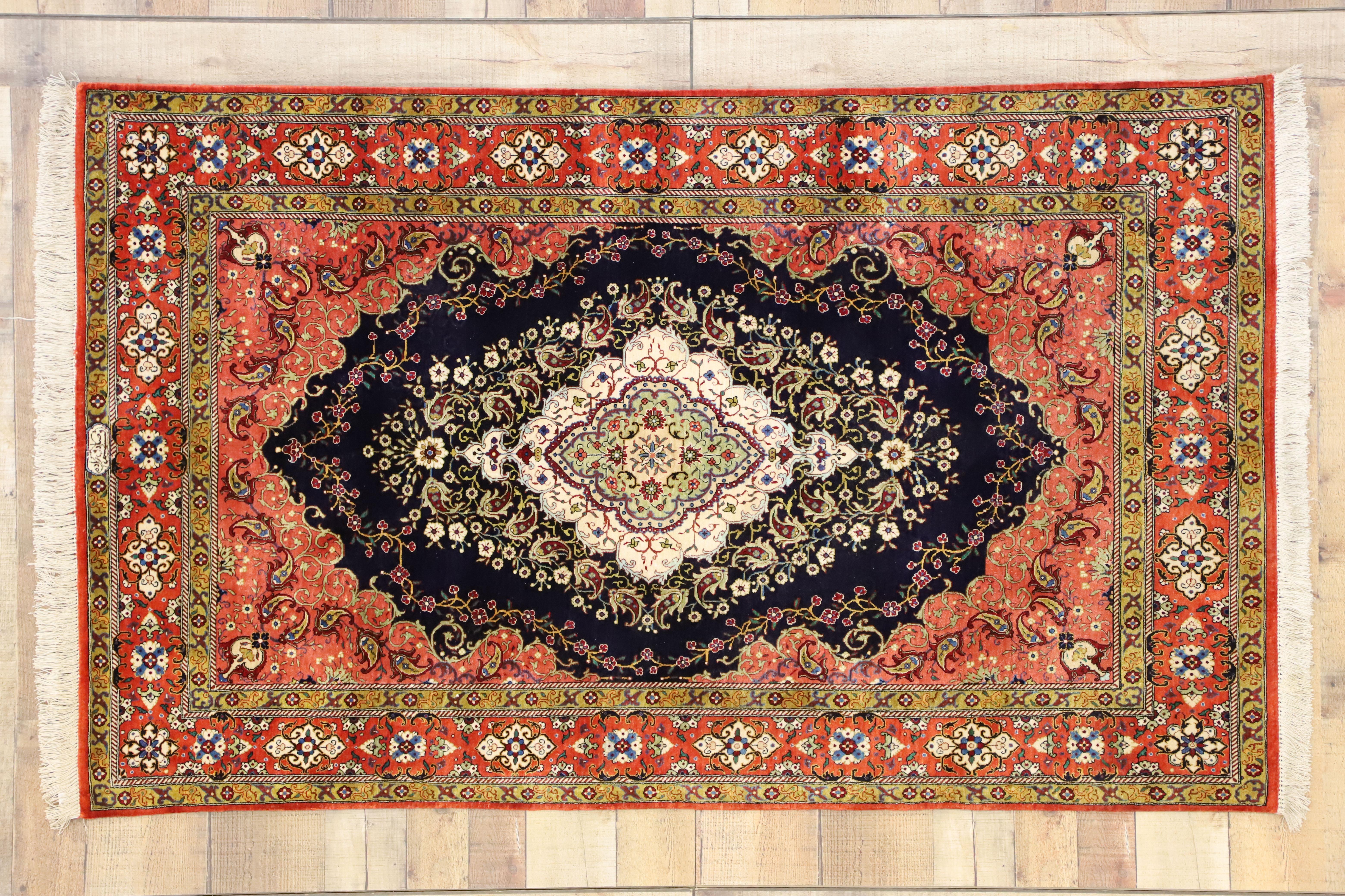 Modern Vintage Persian Silk Qum Rug with Panel Inscription, French Rococo Style