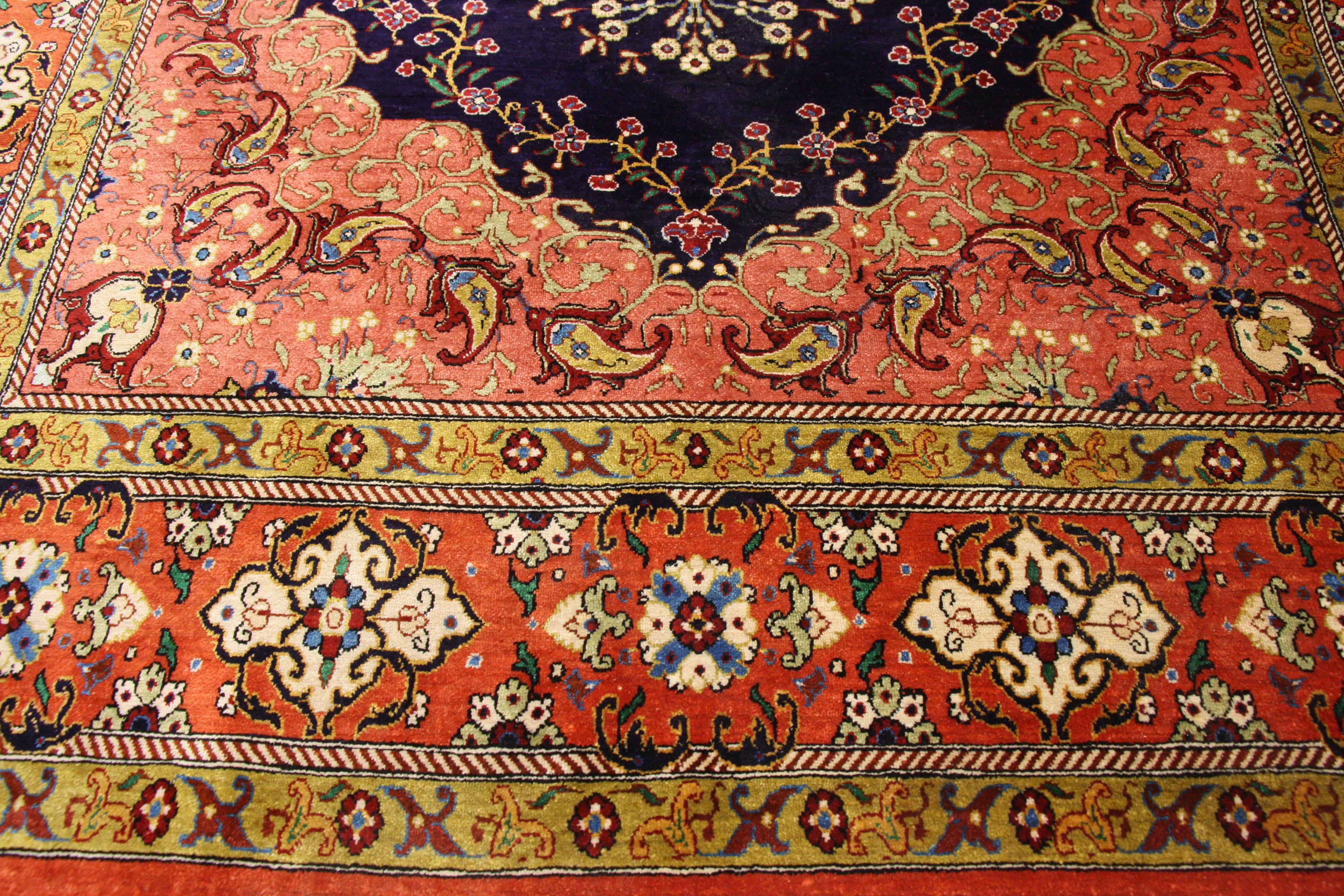 Hand-Knotted Vintage Persian Silk Qum Rug with Panel Inscription, French Rococo Style