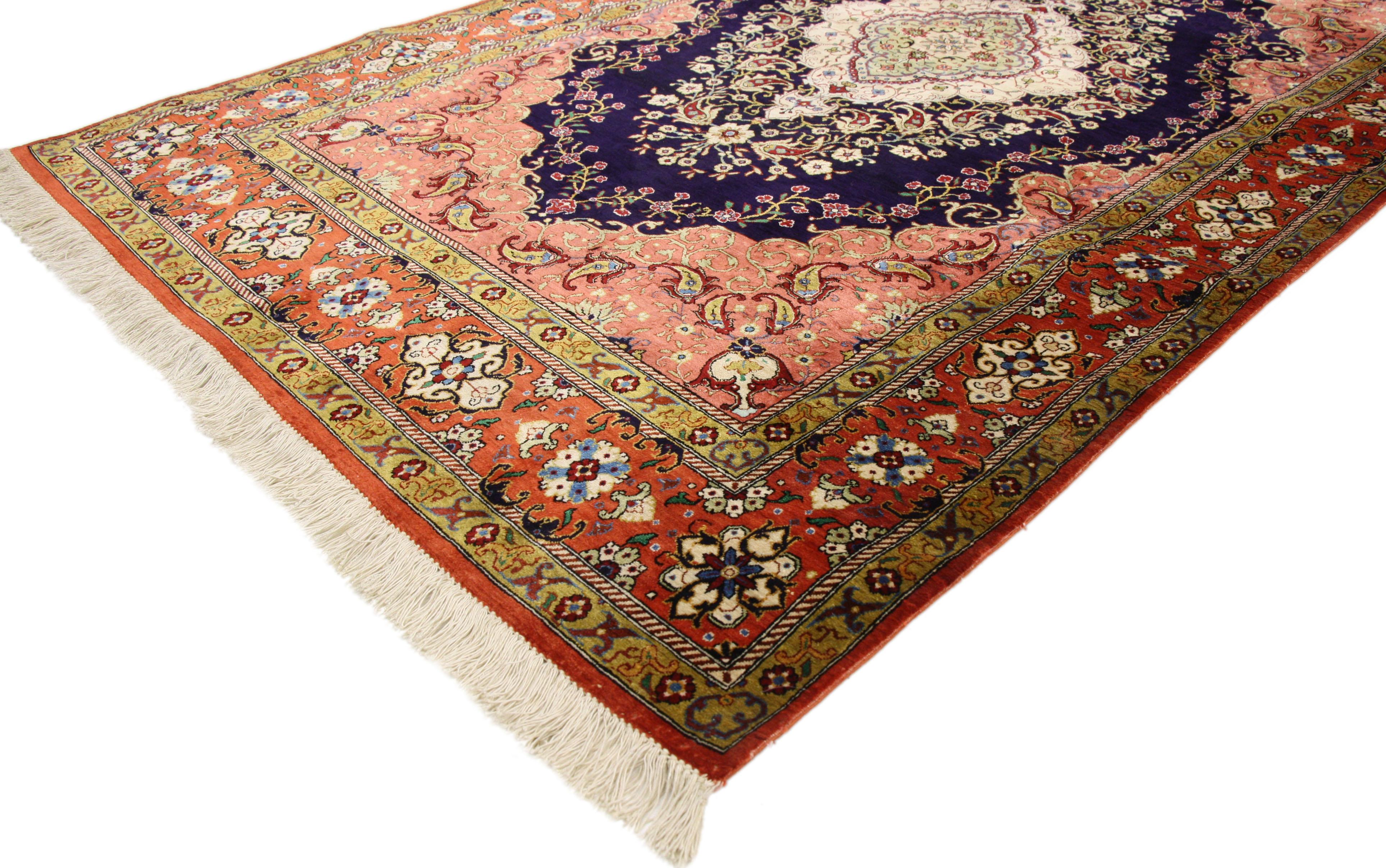 Vintage Persian Silk Qum Rug with Panel Inscription, French Rococo Style In Good Condition In Dallas, TX