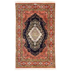 Vintage Persian Silk Qum Rug with Panel Inscription, French Rococo Style