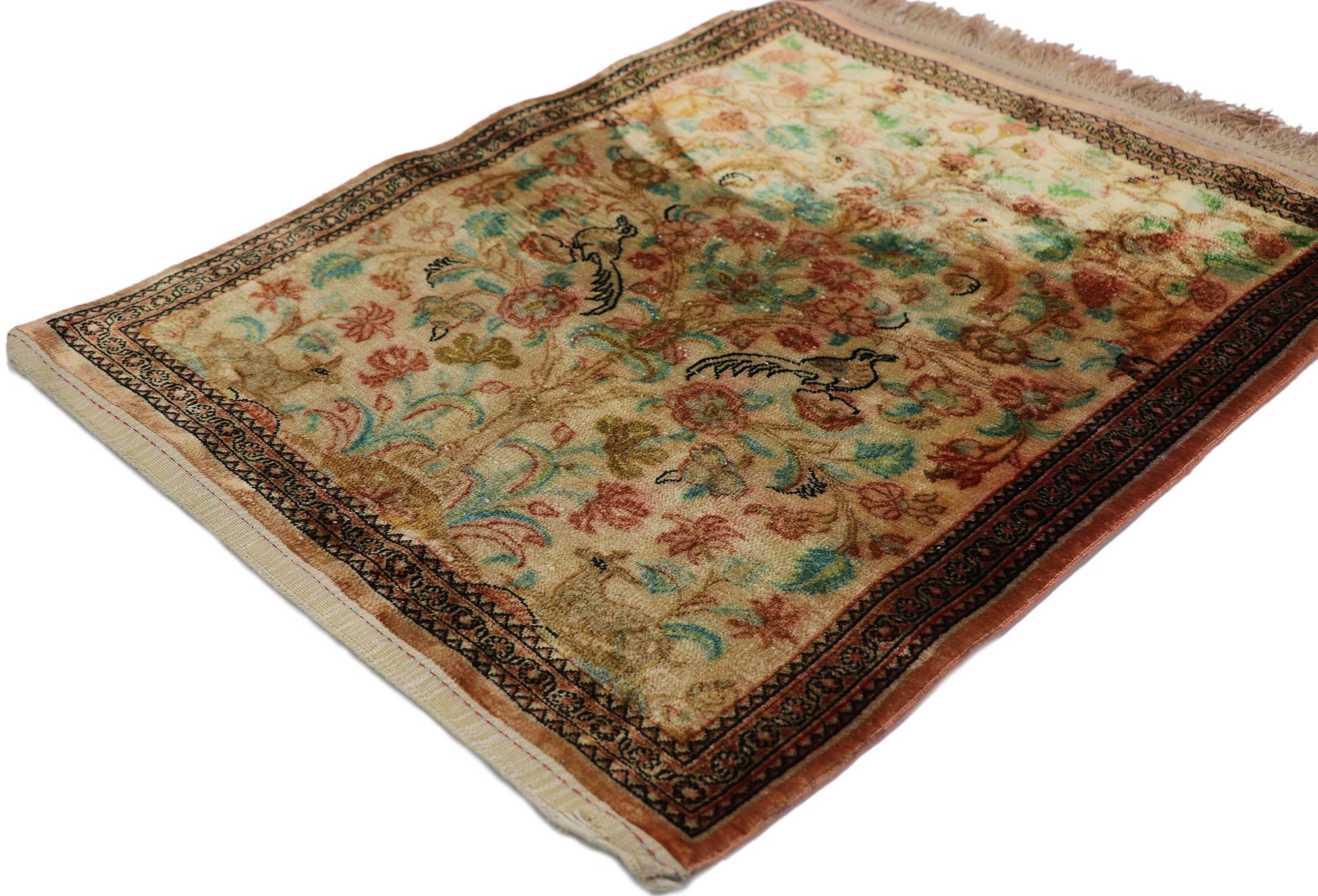 21677 Vintage Persian Silk Qum Rug, 01'11 x 02'06. Emanating timeless style with incredible detail and texture, this vintage Persian silk Qum rug is a captivating vision of woven beauty. The tree of life design and time-softened colors woven into