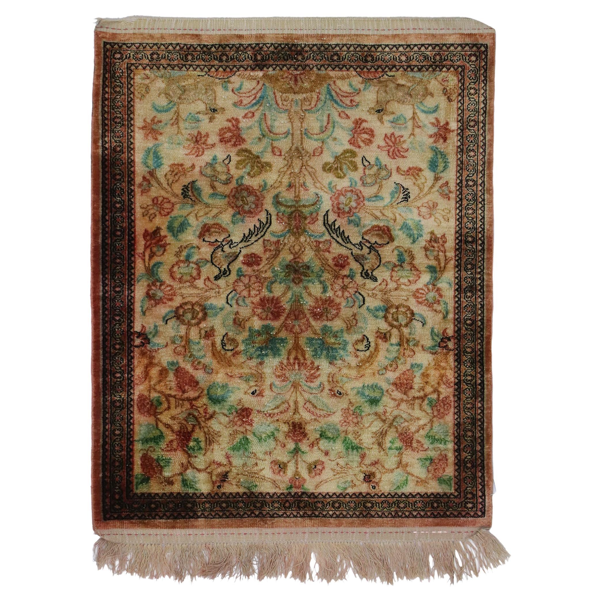 Vintage Persian Silk Qum Rug with Tree of Life Design