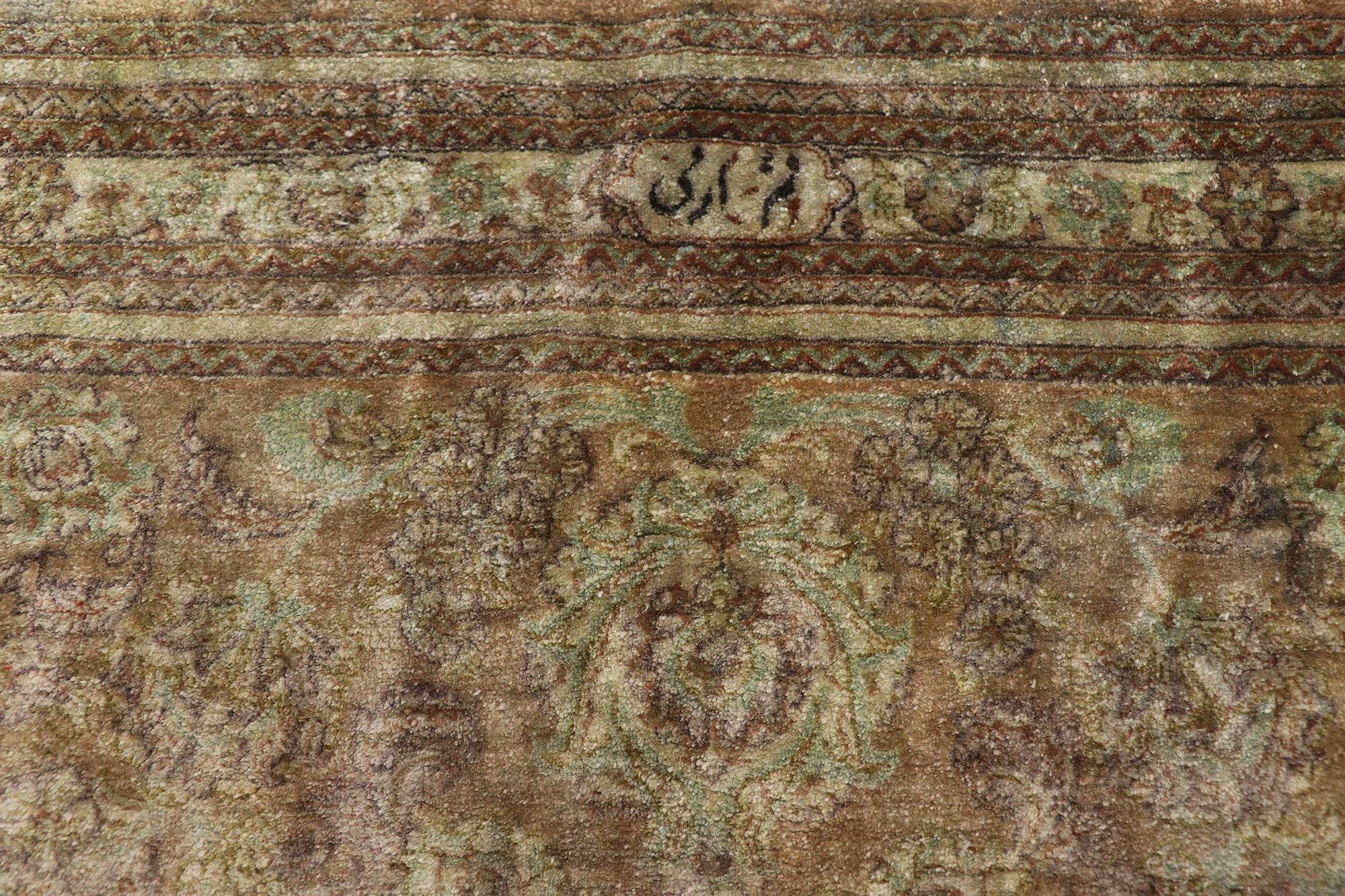 Vintage Persian Silk Qum Rug with Warm Earth-Tone Colors In Distressed Condition In Dallas, TX