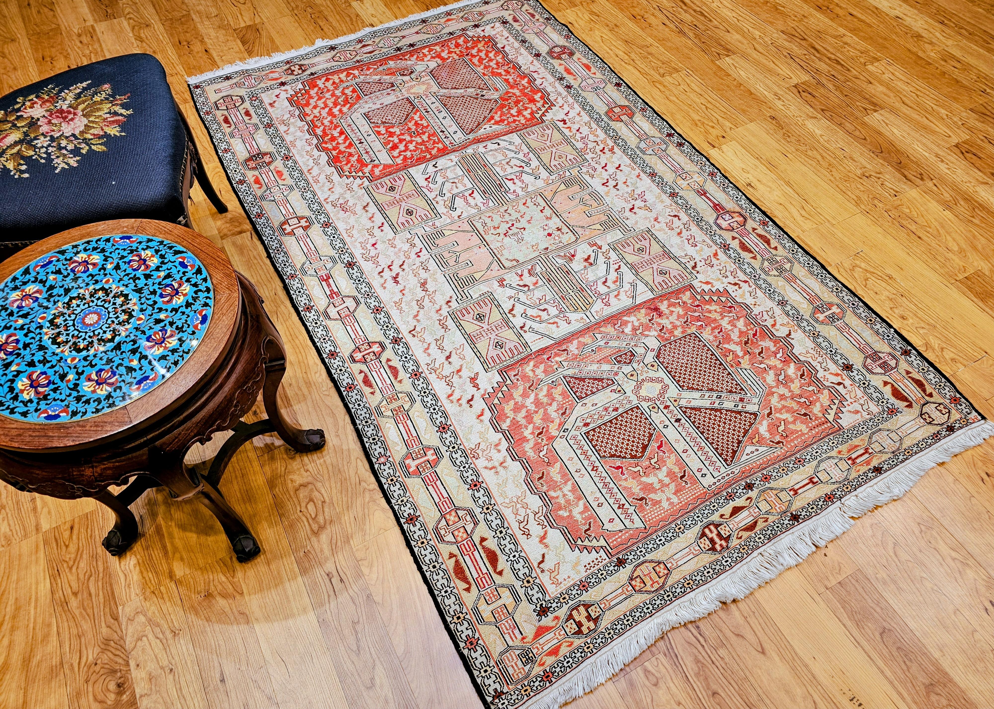 Vintage Persian Silk Shahsavan Soumak Tribal Flachgewebe Bereich Teppich im Angebot 8
