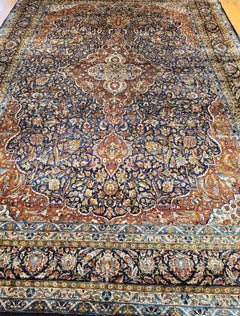 Vintage Persian Silk Tabriz Rug in Floral Garden Design in Navy, Gold, Red