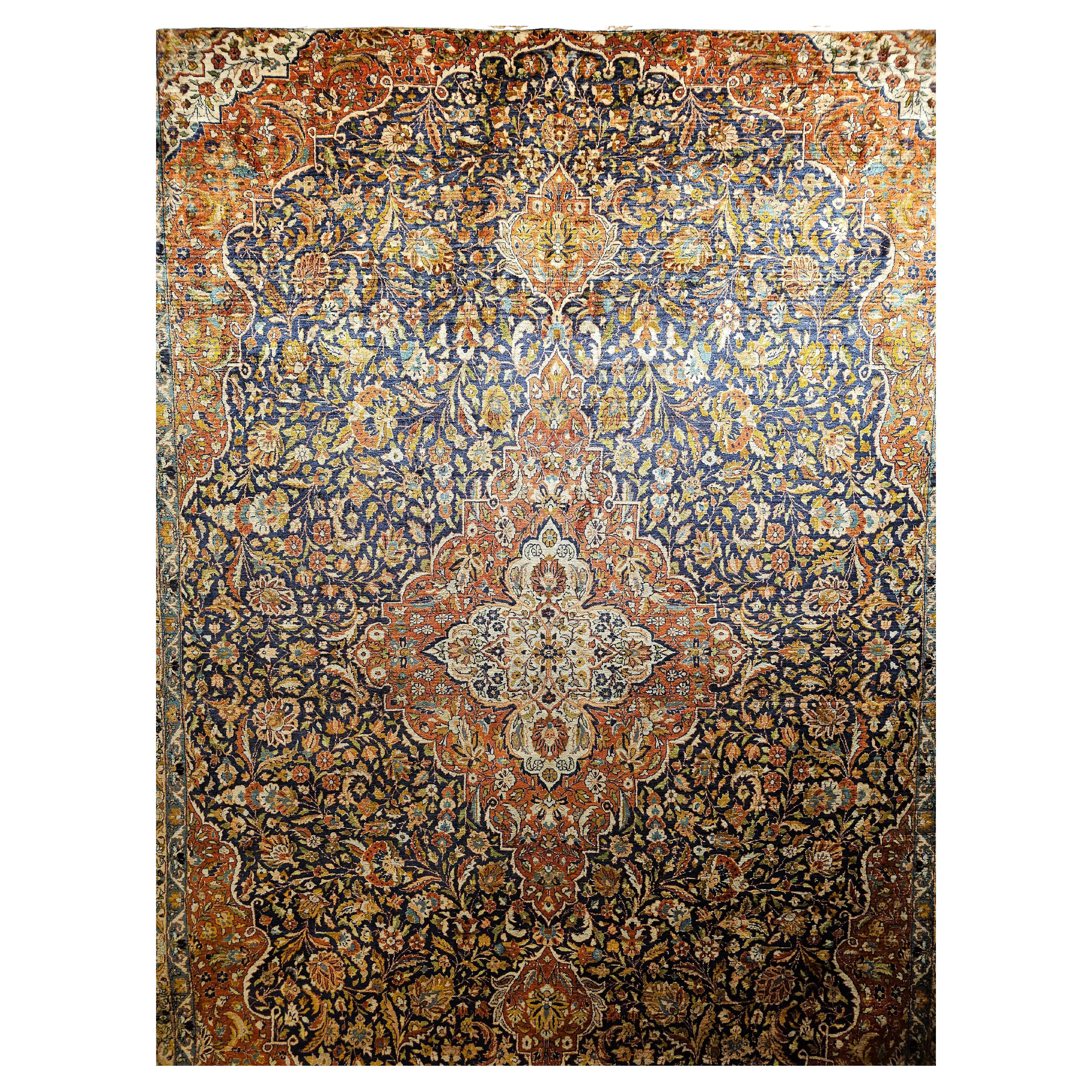 Vintage Persian Silk Tabriz Rug in Floral Design in Navy Blue, Rust, Yellow, Red