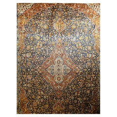 Retro Persian Silk Tabriz Rug in Floral Design in Navy Blue, Rust, Yellow, Red