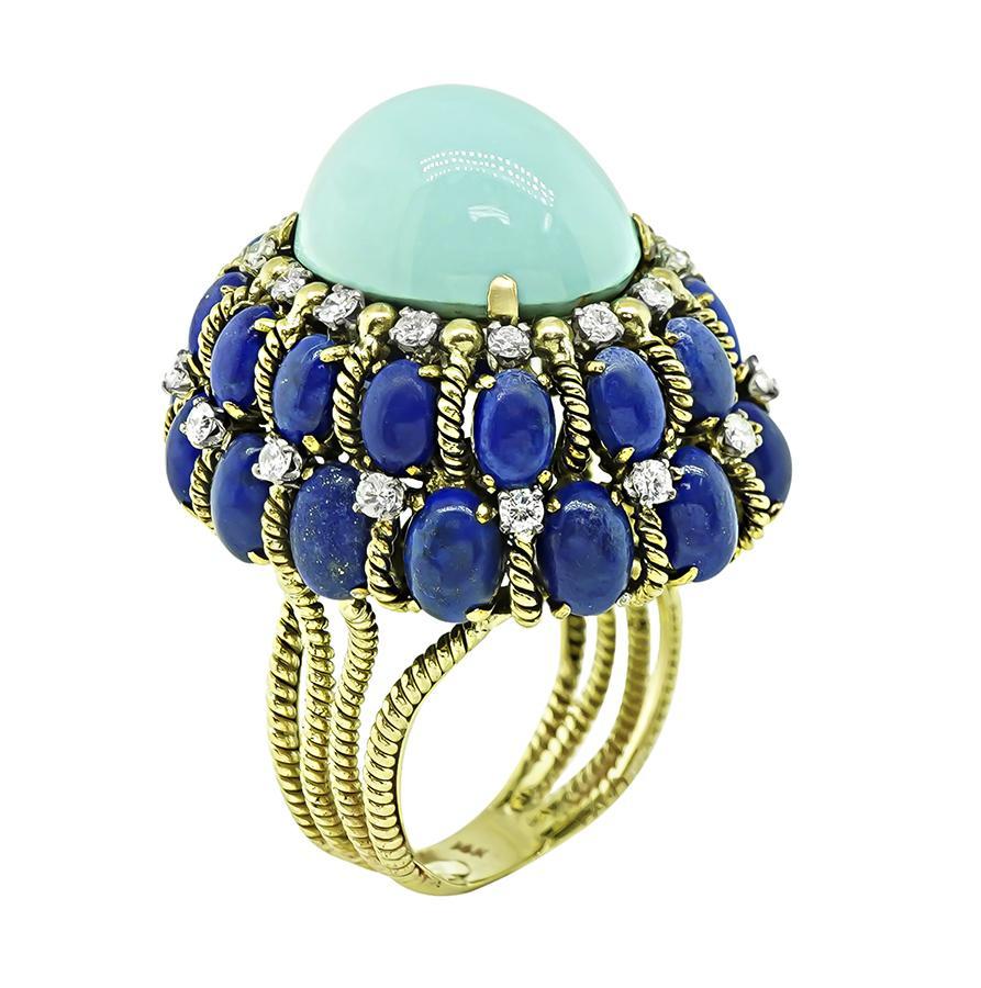 Cabochon Vintage Persian Sleeping Beauty Turquoise Lapis Diamond Gold Ring For Sale