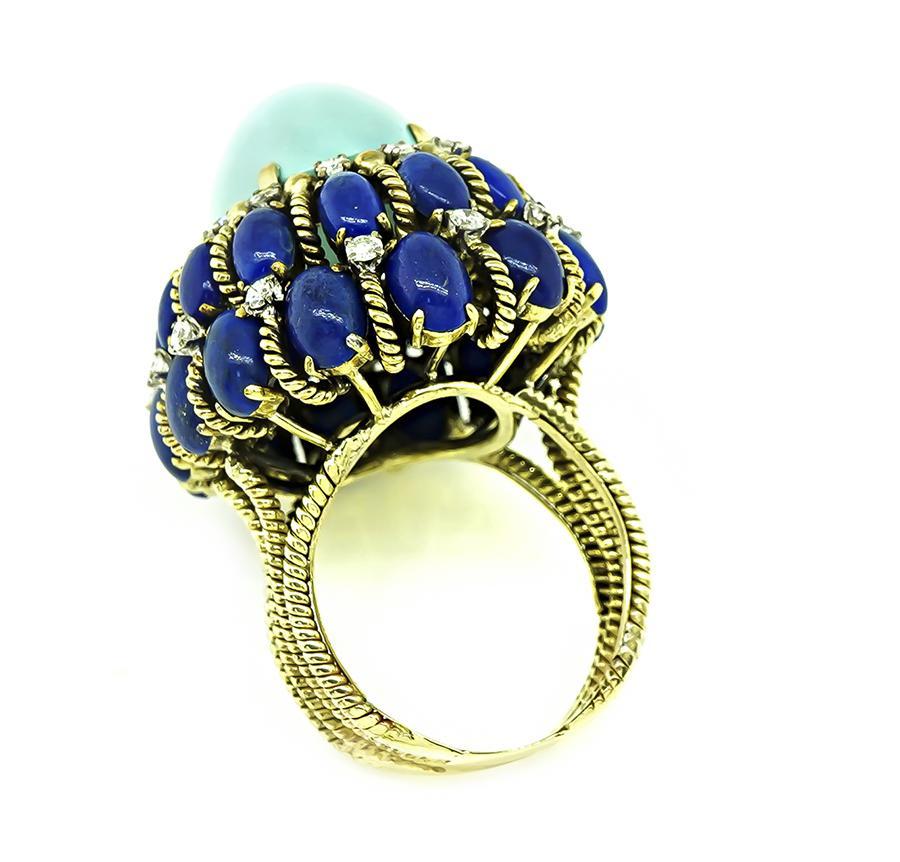 Vintage Persian Sleeping Beauty Turquoise Lapis Diamond Gold Ring In Good Condition For Sale In New York, NY