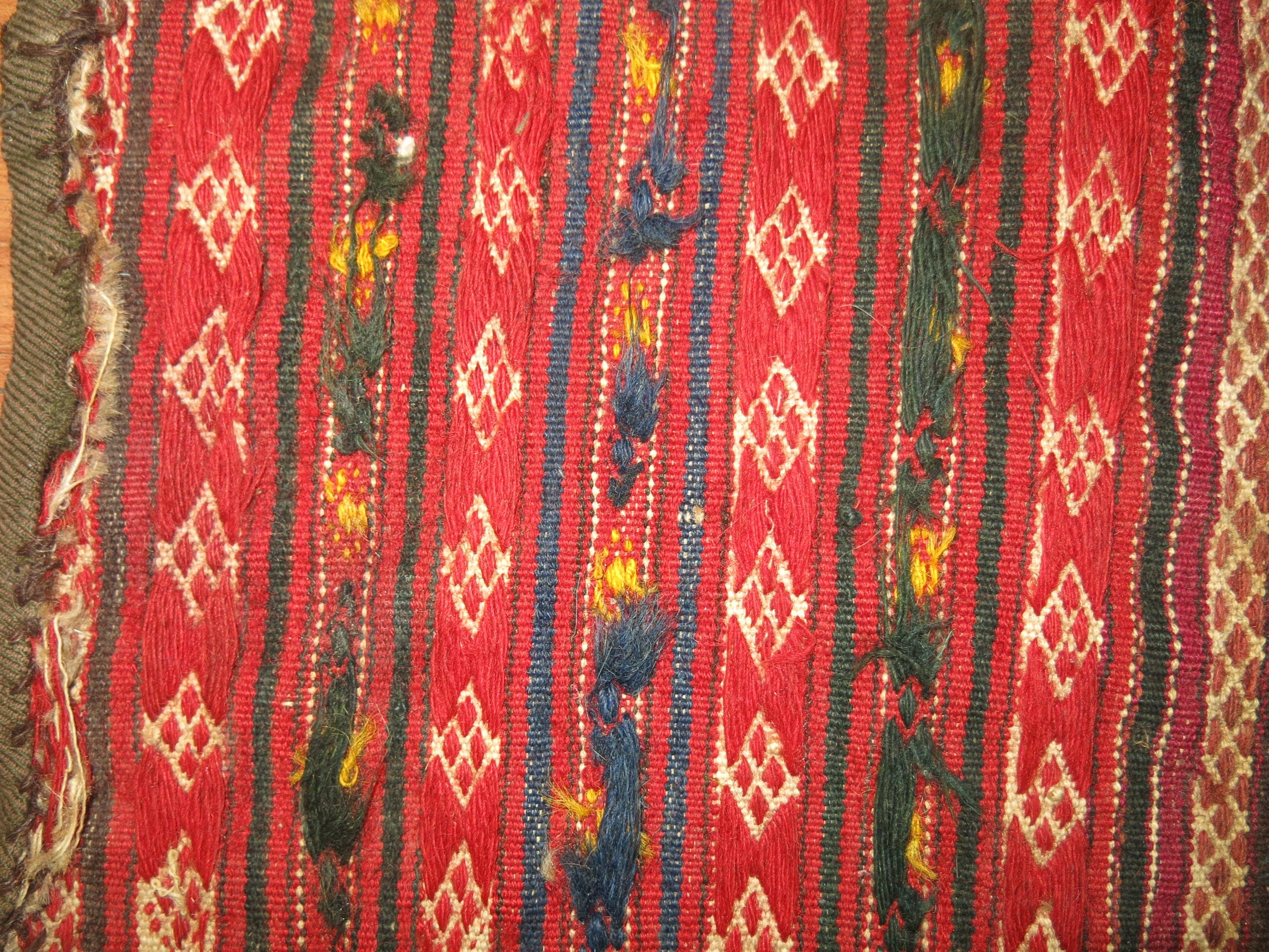 A vintage Persian Kilim scatter sofreh flat-weave from the mid-20th century.

10'' x 14''

Sofrehs are woven by Persian tribes as part of the dowry, used as floor spreads on which they would offer food for special guests. Their diminutive size and