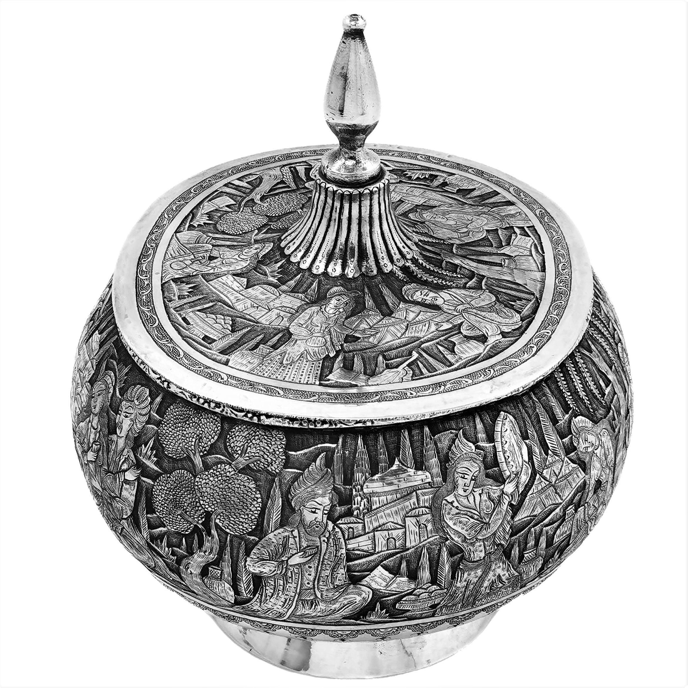 20th Century Vintage Persian Solid Silver Lidded Box / Bowl Iran, c. 1940 For Sale