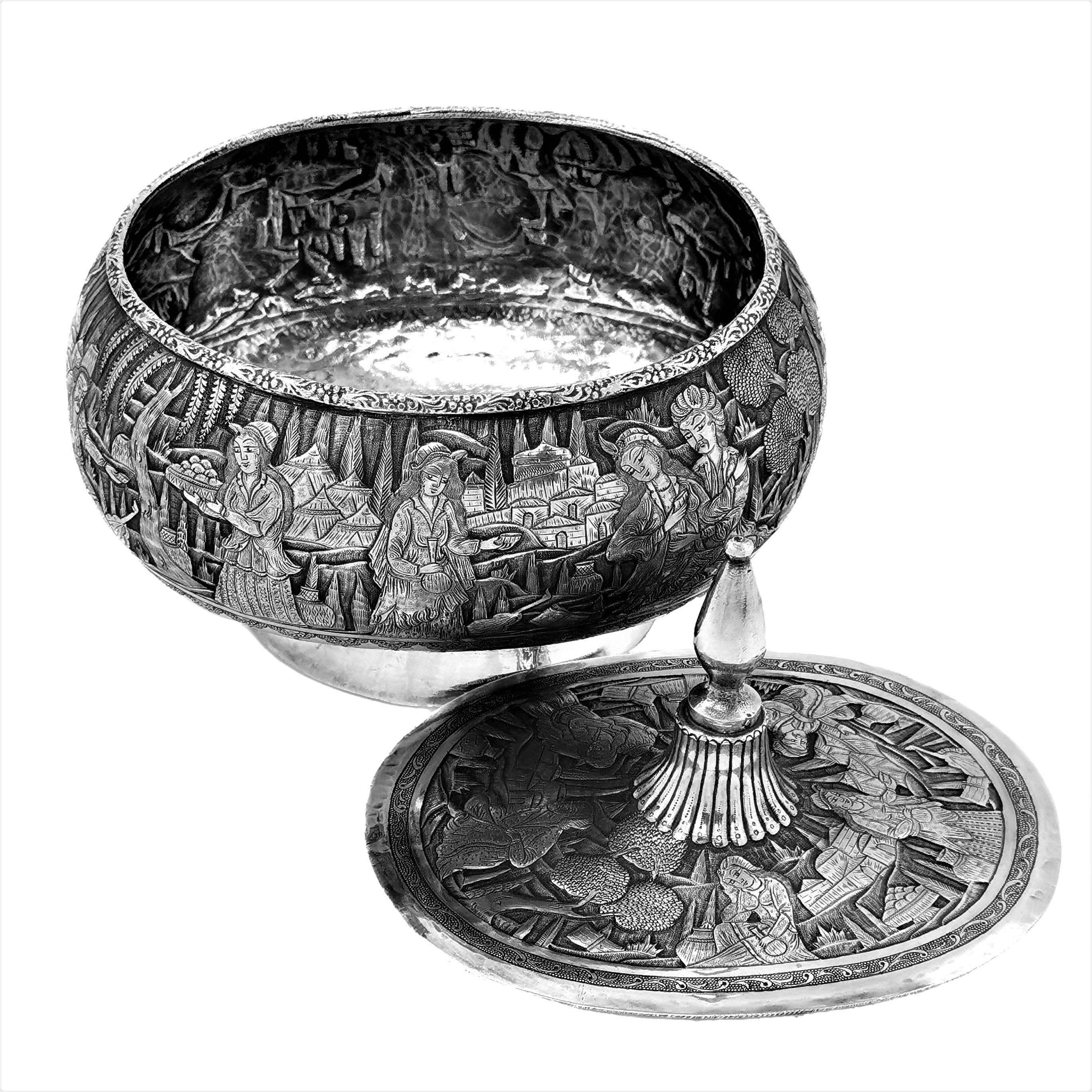 Vintage Persian Solid Silver Lidded Box / Bowl Iran, c. 1940 For Sale 2