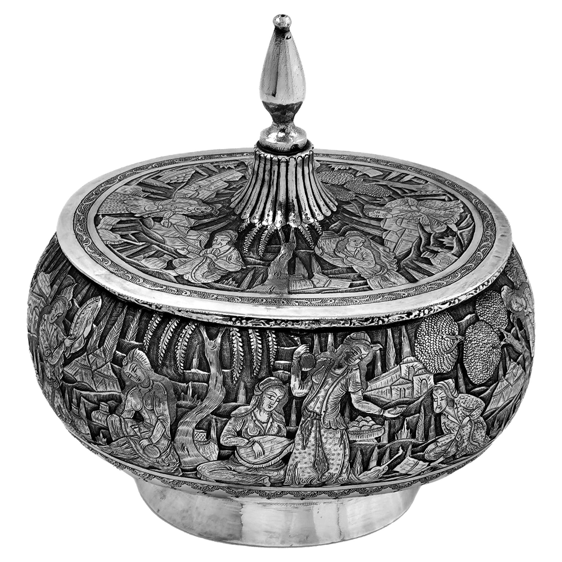 Vintage Persian Solid Silver Lidded Box / Bowl Iran, c. 1940 For Sale