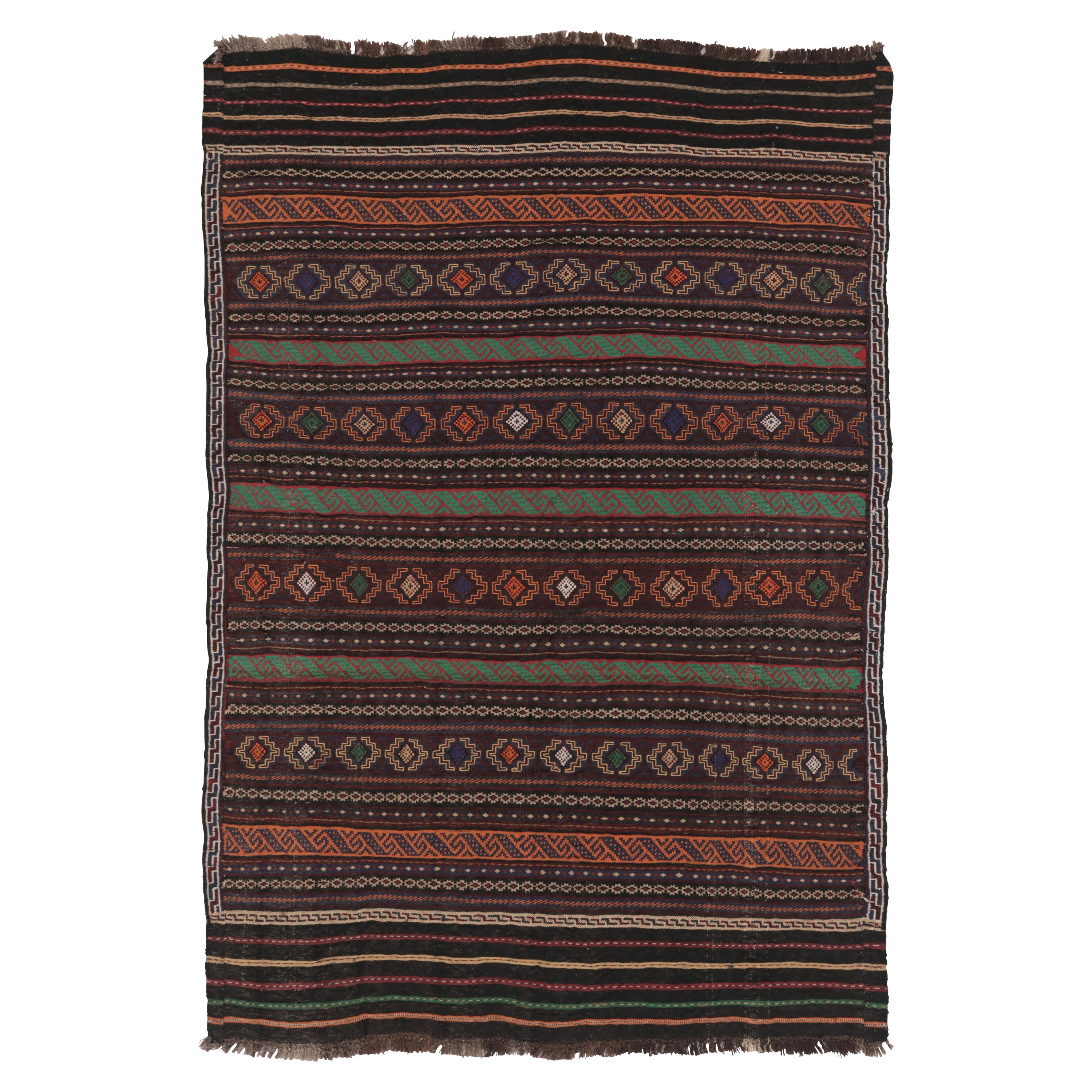 Vintage Persian Soumak Kilim, Brown with Polychromatic Geometric - Rug 
Kilim For Sale