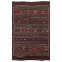 Vintage Persian Soumak Kilim, Burgundy with Vibrant Tribal Motifs - Rug 
Kilim