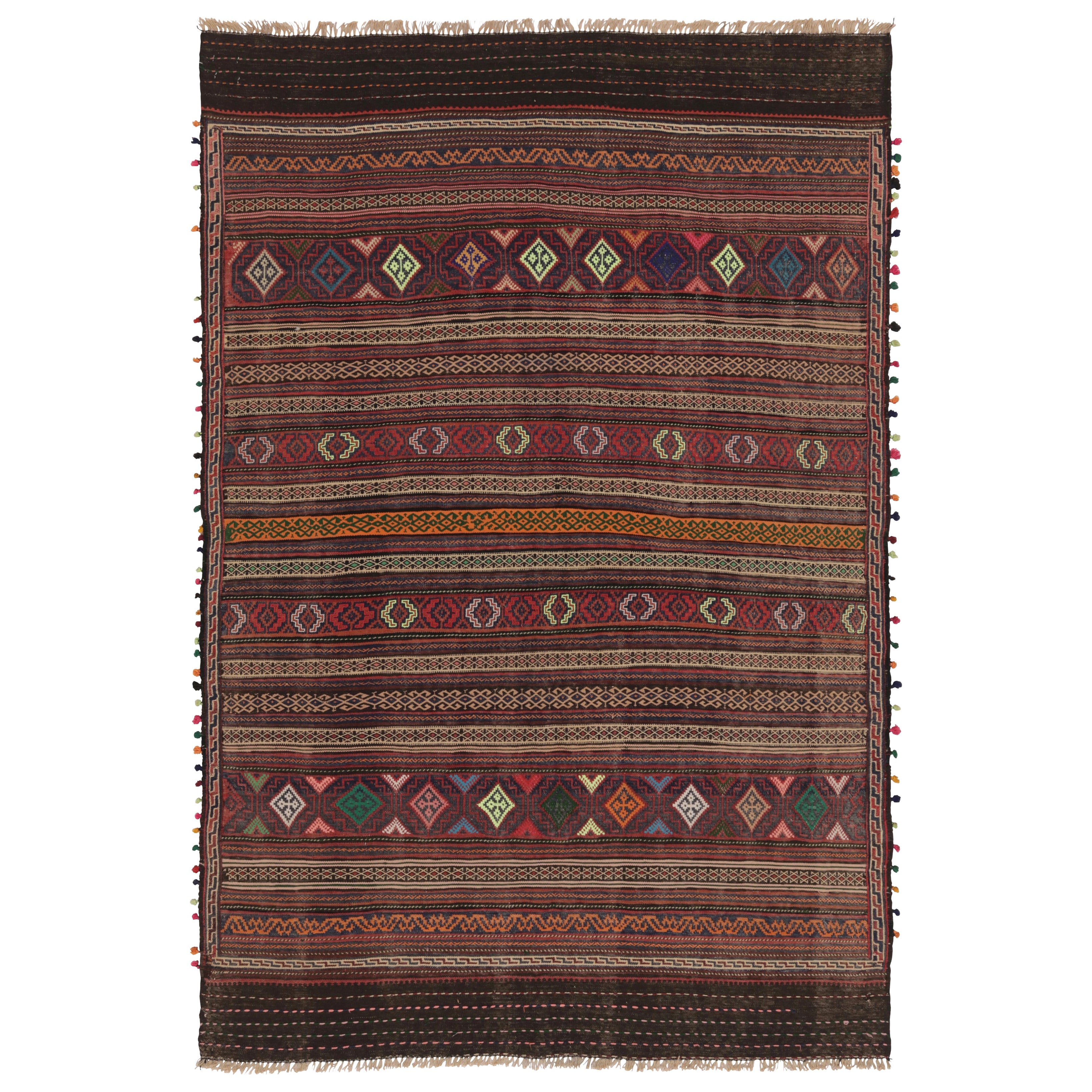 Vintage Persian Soumak Kilim, Deep Earth Tones with Diamond Bands - Rug
Kilim