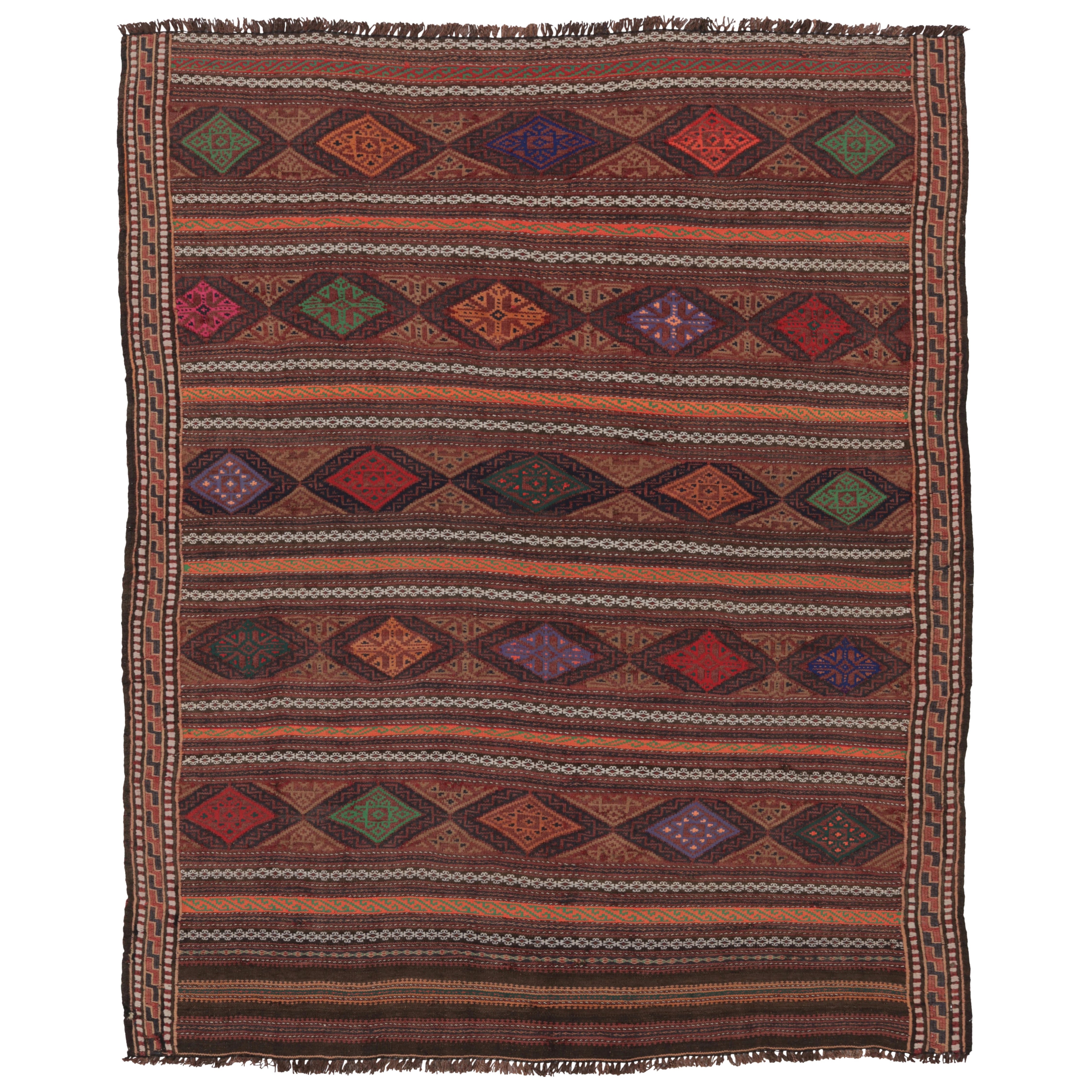 Vintage Persian Soumak Kilim, Earth Tones with Diamond Motifs - Rug
Kilim