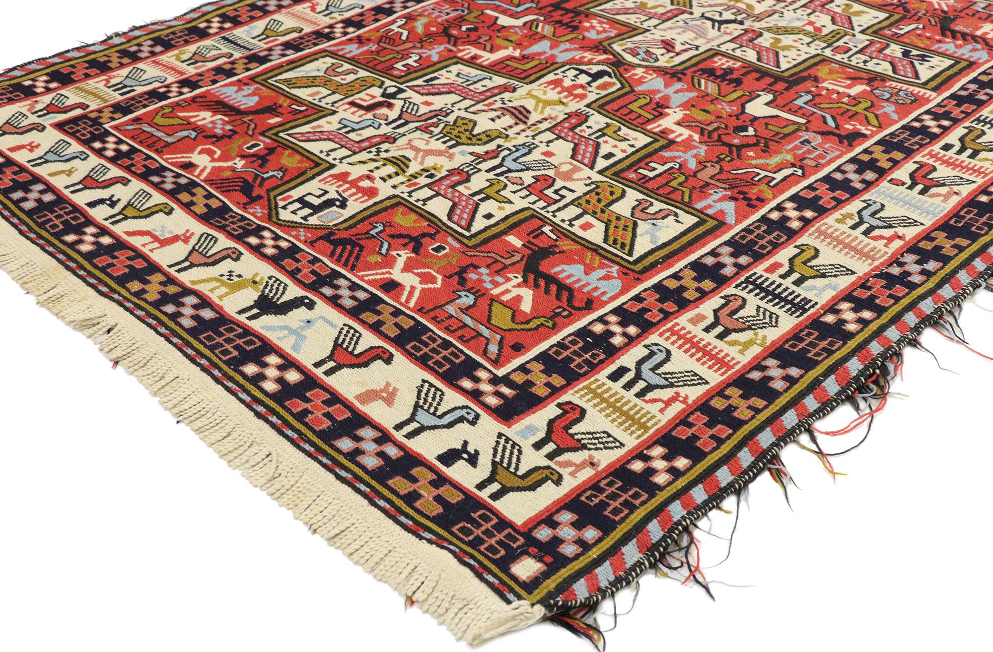 71030, vintage Persian Soumak Kilim rug with Caucasian Nomadic Tribal style. Masculine and geometric, this handwoven wool vintage Persian Soumak Kilim rug features two large-scale medallions patterned inside and surrounded by rectilinear animal