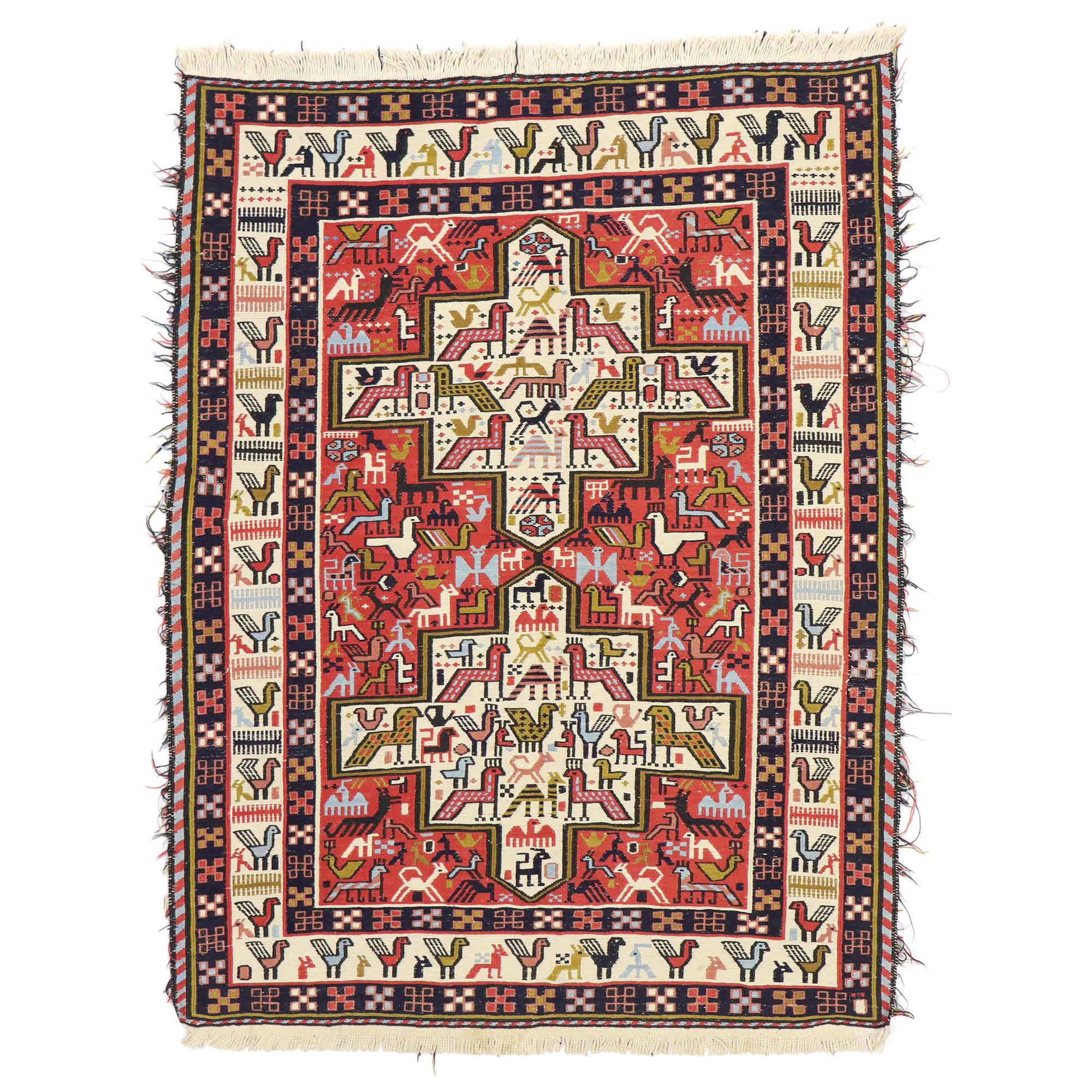 Vintage Persian Soumak Kilim Rug with Caucasian Nomadic Tribal Style