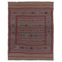 Vintage Persian Soumak Kilim, Tribal Diamonds in Light Jewel Tones - Rug
Kilim