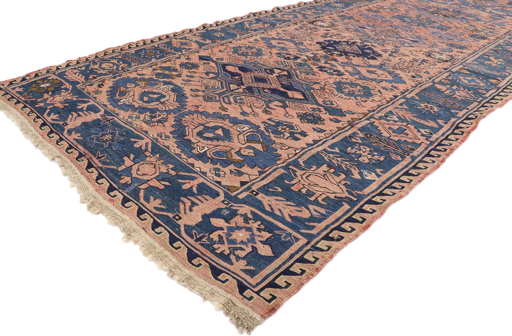 77647 Vintage Persian Soumak rug with Bohemian style 05'00 x 10'10. With its bold expressive design and bohemian style, this hand-knotted wool antique Persian Malayer rug possesses rich cultural attributes representing the beauty of tribal weaving.