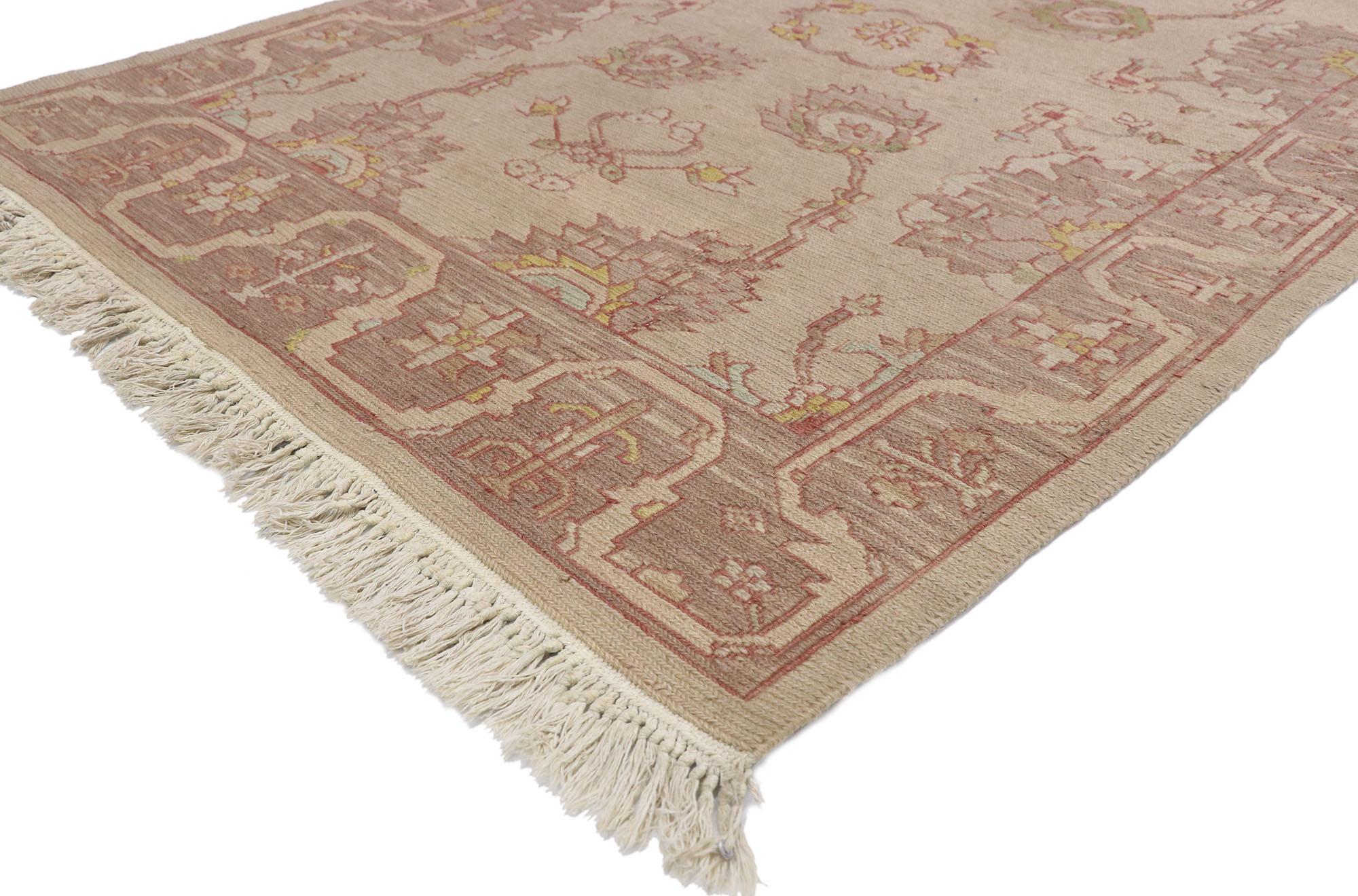 77380, vintage Persian Soumak rug with English Country style, flat-weave Kilim rug. With it's warm bucolic charm and soft hues, this handwoven wool vintage Persian Soumak rug beautifully highlights English Country style. It features a geometric