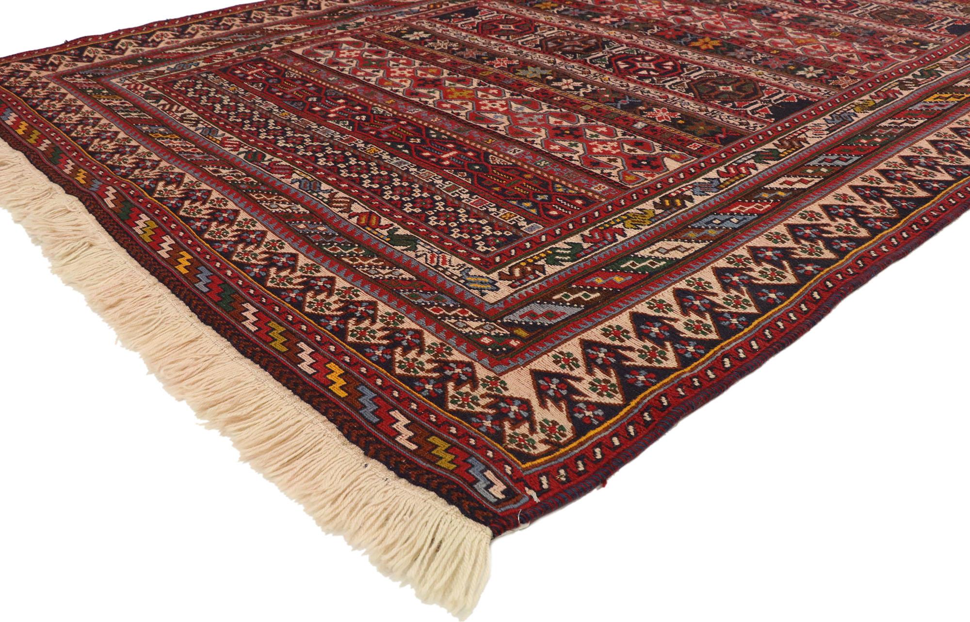 73290 vintage Persian Soumak rug with Southwestern desert boho tribal style. This handwoven wool vintage Persian Soumak rug with tribal style features rows of multi-color geometric forms in the centre surrounding by multiple concentric guard-borders