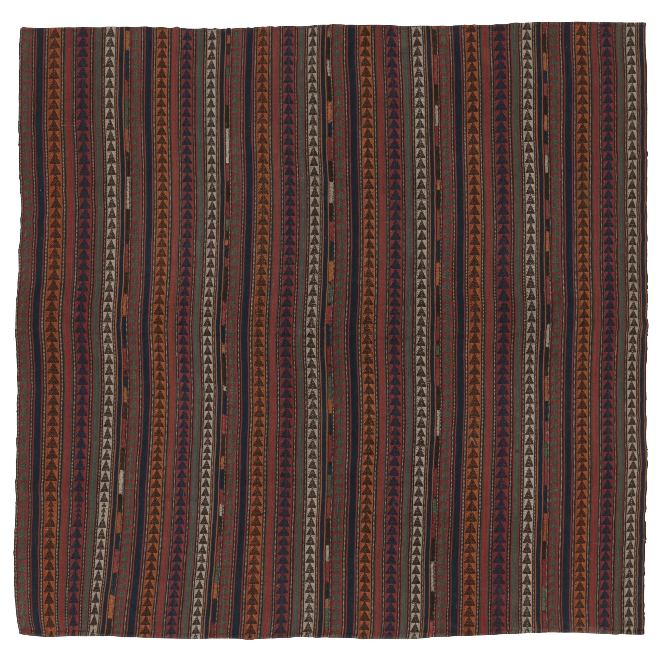 Vintage Persian Square Kilim, Polychromatic Geometric Stripes - Rug 
Kilim