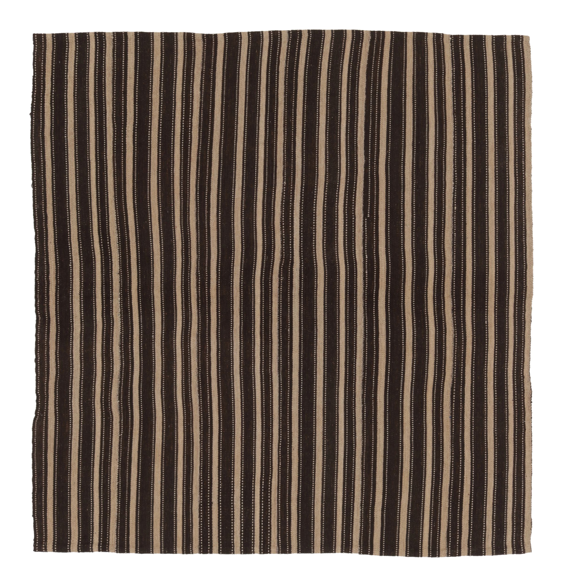 Vintage Persian Striped Kilim in Brown and Beige Geometric Stripes - Rug & Kilim