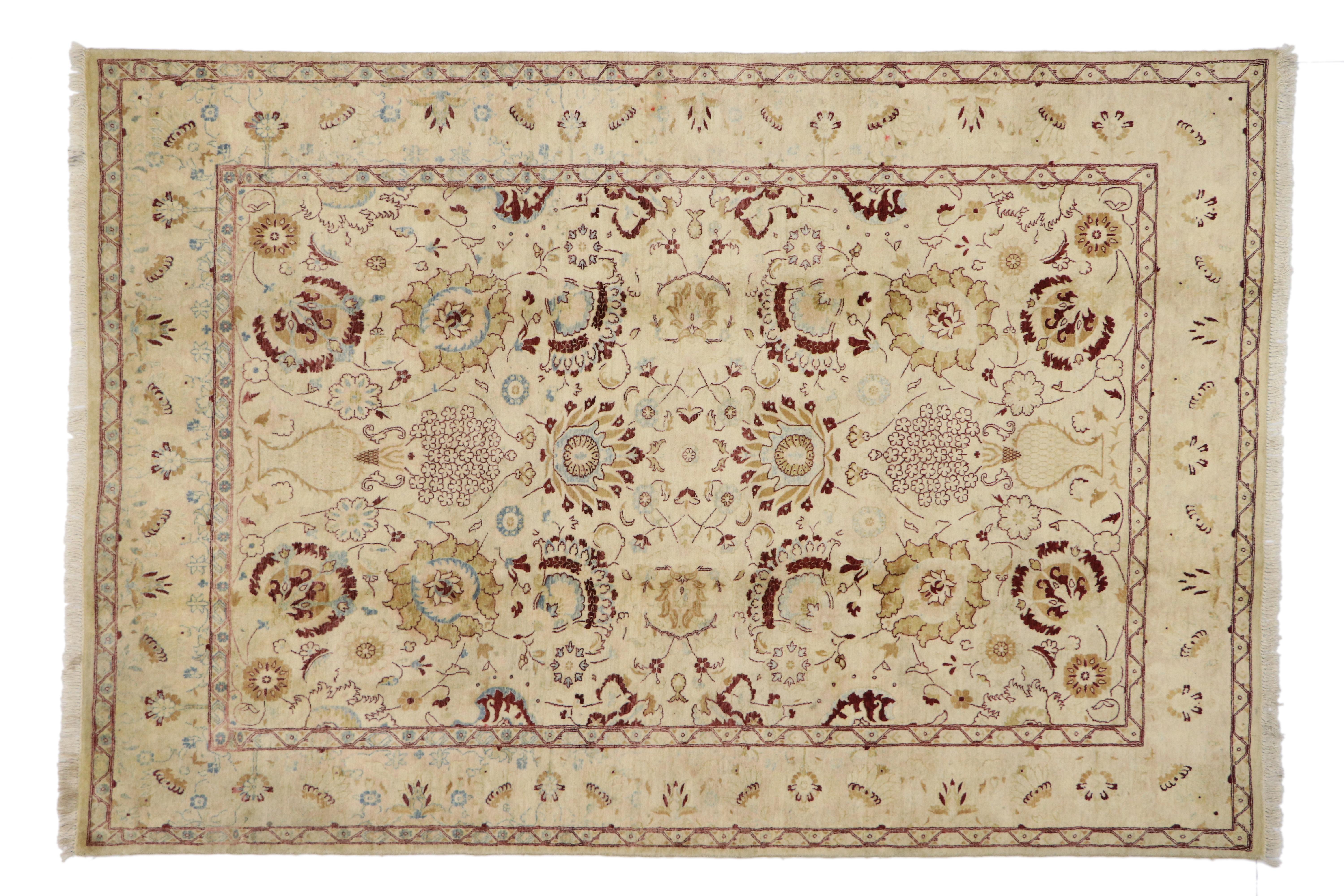 76874 Vintage Persian Style Area Rug with Traditional Vase Design 06'01 x 08'09. This hand-knotted wool vintage Persian style area rug features lush sky blue palmettes, arabesque vines and stylized floral roundels swirl in a kinetic garden on a