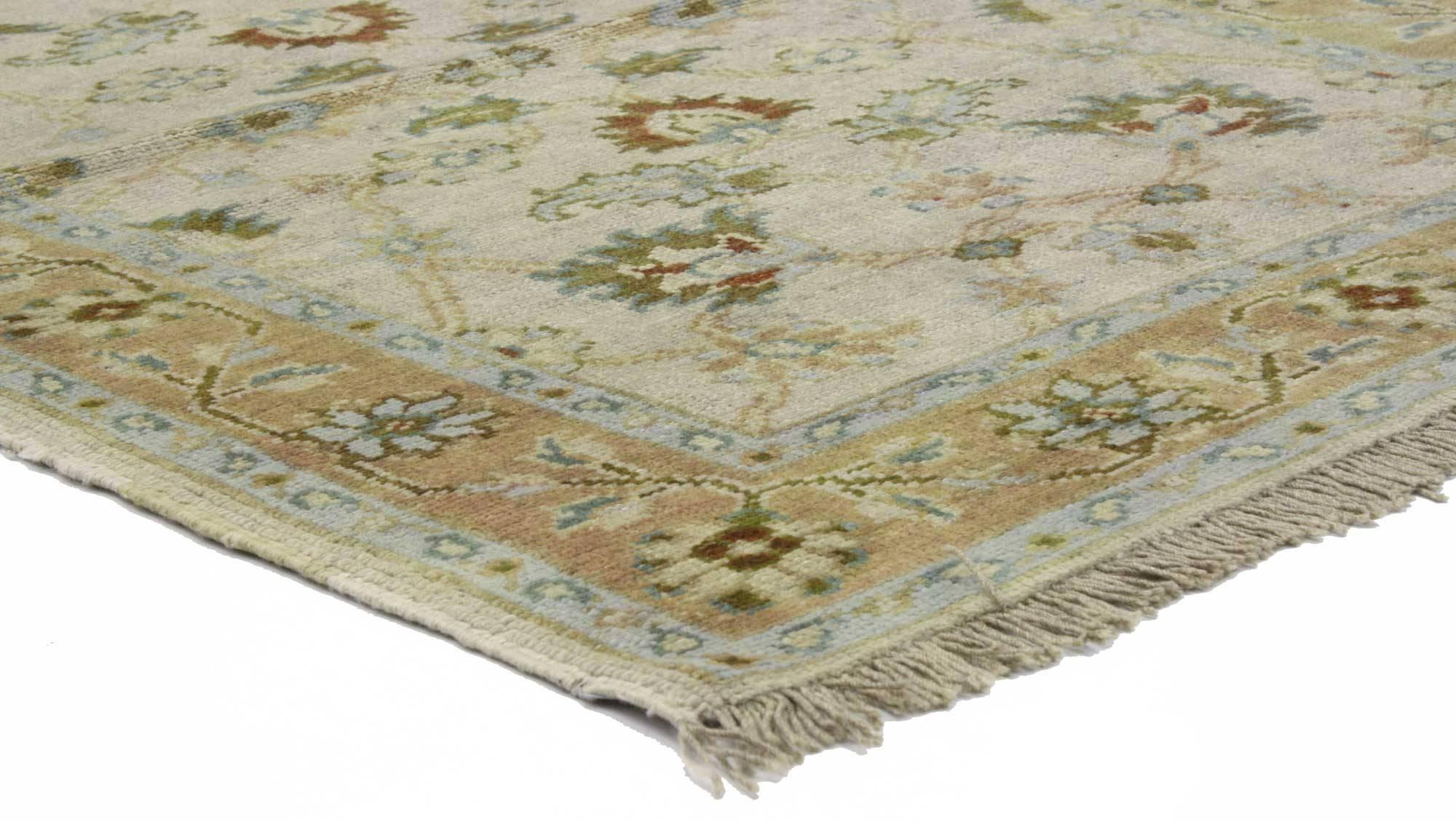 74639 vintage Persian style Garden rug, Accent rug with Georgian Queen Anne style. This hand knotted wool vintage Persian style Indian accent rug features an all-over floral lattice pattern composed of blooming lotus palmettes, tulips, lilies,