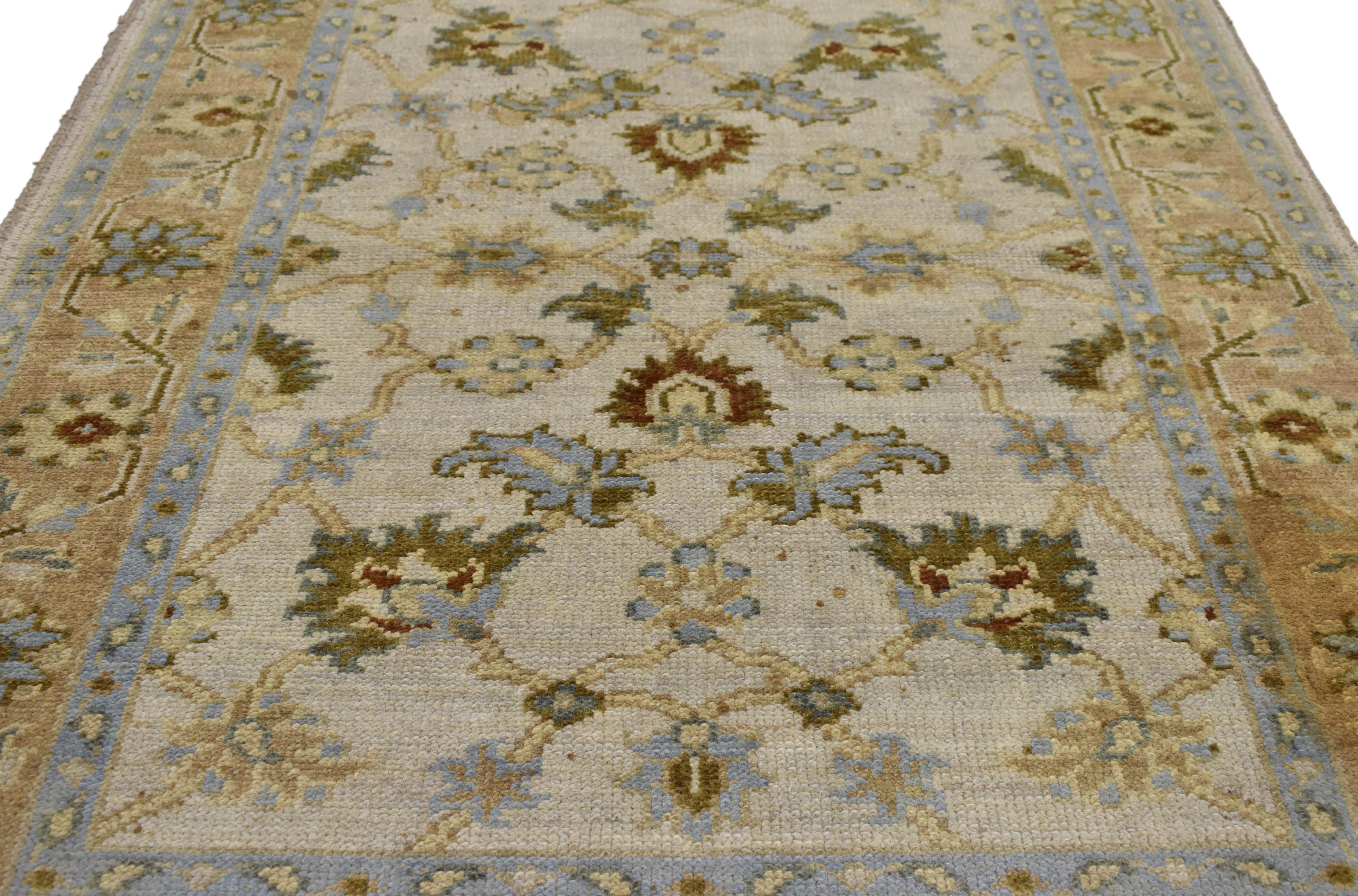 74641, vintage Persian style Garden rug, accent rug with Georgian Queen Anne style. This hand knotted wool vintage Persian style Indian accent rug features an all-over floral lattice pattern composed of blooming lotus palmettes, tulips, lilies,