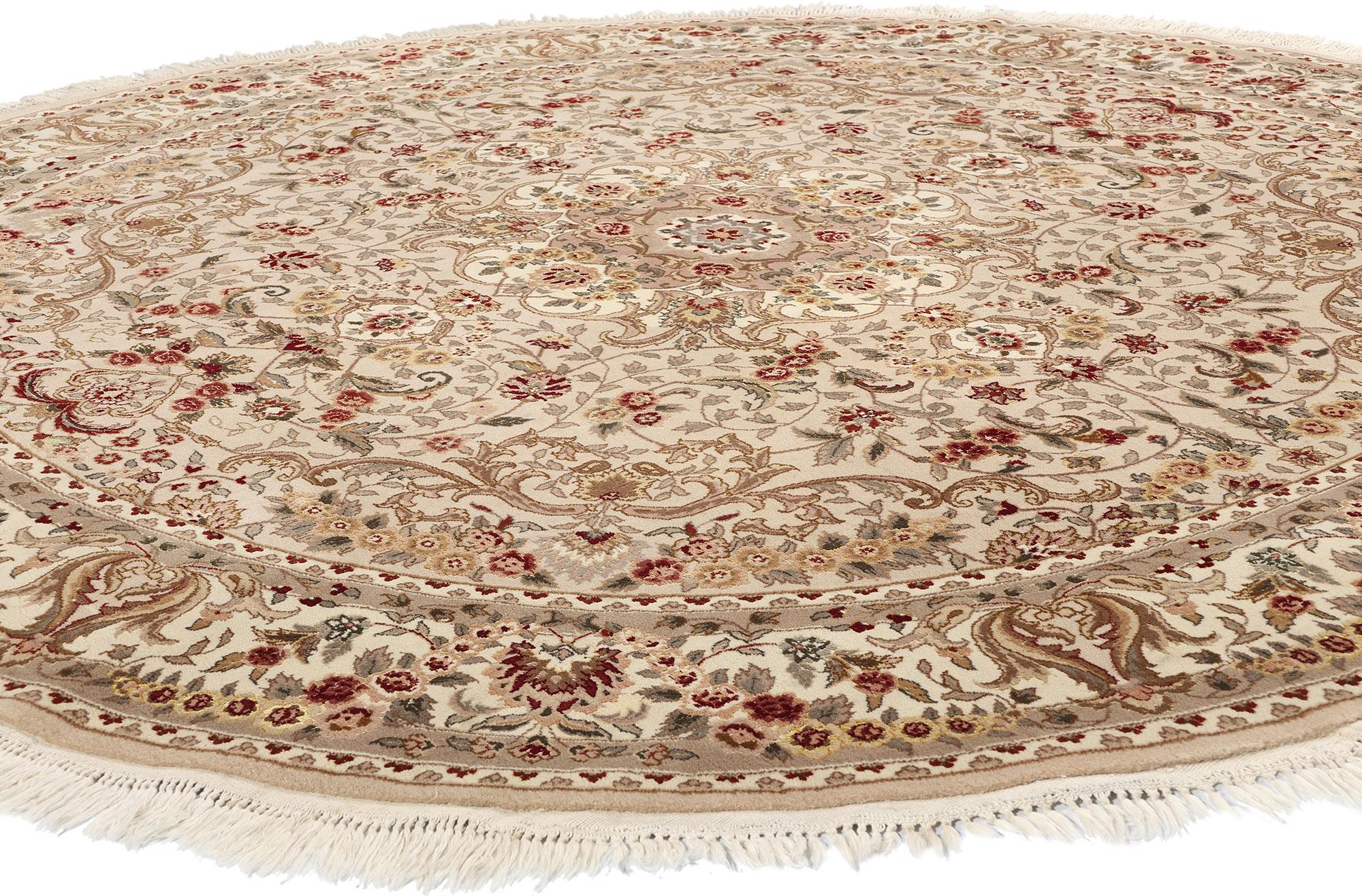 74981 Vintage Chinese Tabriz Wool & Silk Round Area Rug, 08'02 X 08'02. Chinese Tabriz round area rugs crafted with a blend of wool and silk offer a harmonious marriage of luxurious texture and exquisite sheen. The wool provides durability, warmth,