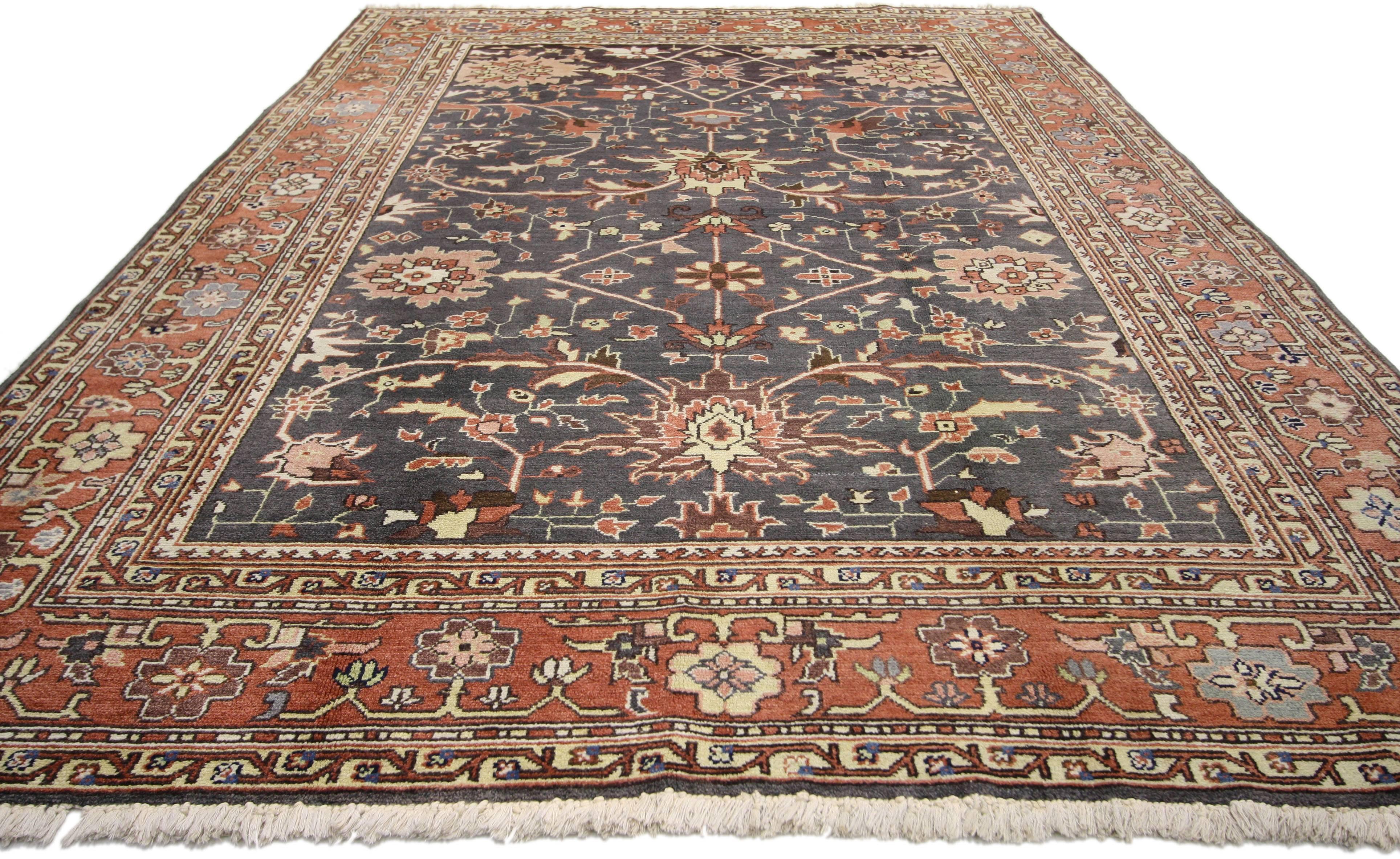 74642, vintage Persian style rug with tradition modern design. This hand-knotted wool vintage Persian style rug features a large-scale traditional Herati design. The large-scale rectilinear motifs contrast beautifully on the dark colored field. The