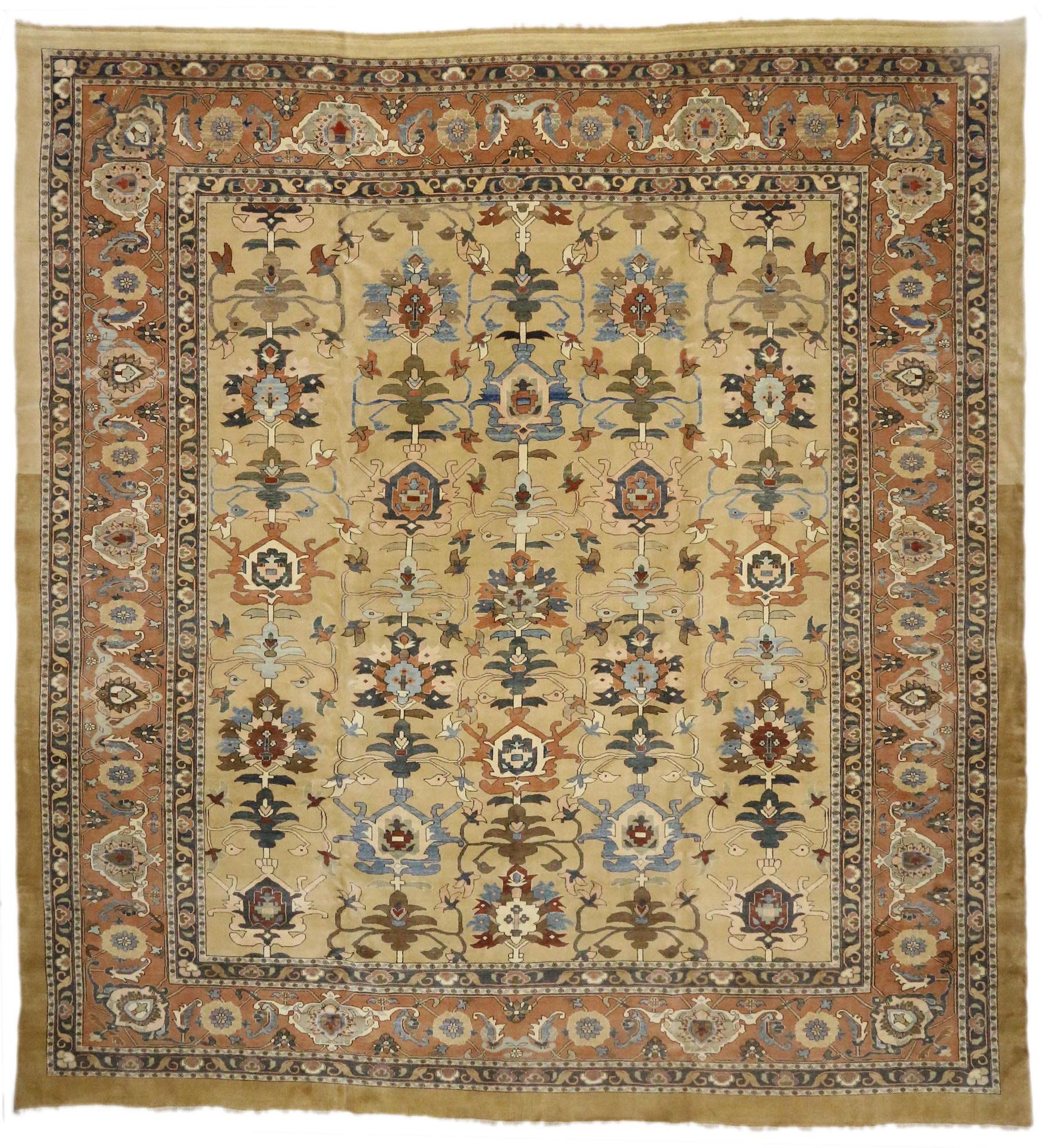 ​​73419 Vintage Persian Sultanabad Palace Size Rug with Warm Tuscan Italian Style 16'04 x 17'08. With its timeless design and warm earthy hues, this hand-knotted wool vintage Persian Sultanabad palace rug beautifully embodies a Tuscan Italian style.
