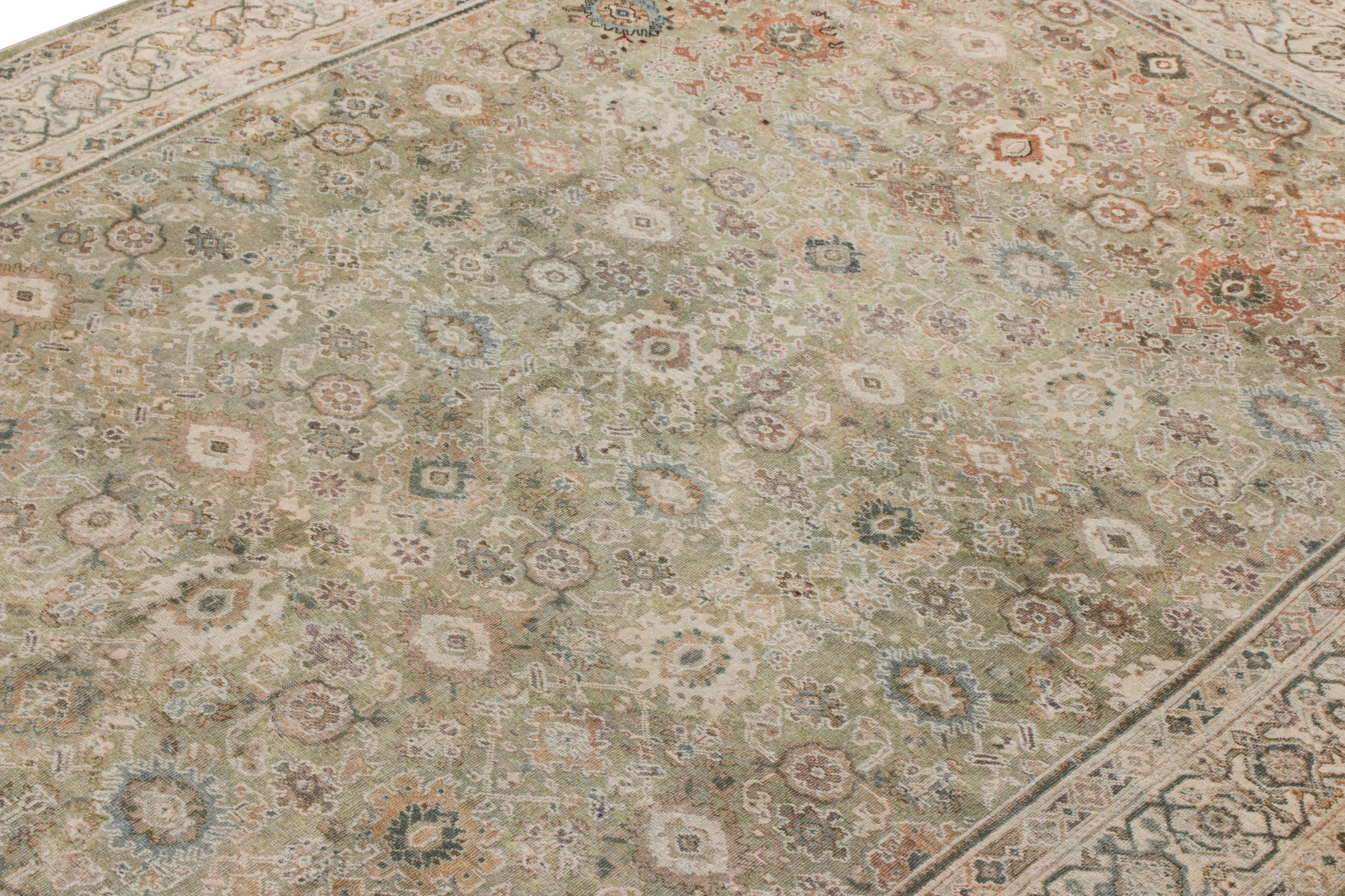 Hand-Knotted Vintage Persian Sultanabad Rug in Green, Beige Floral Pattern by Rug & Kilim For Sale