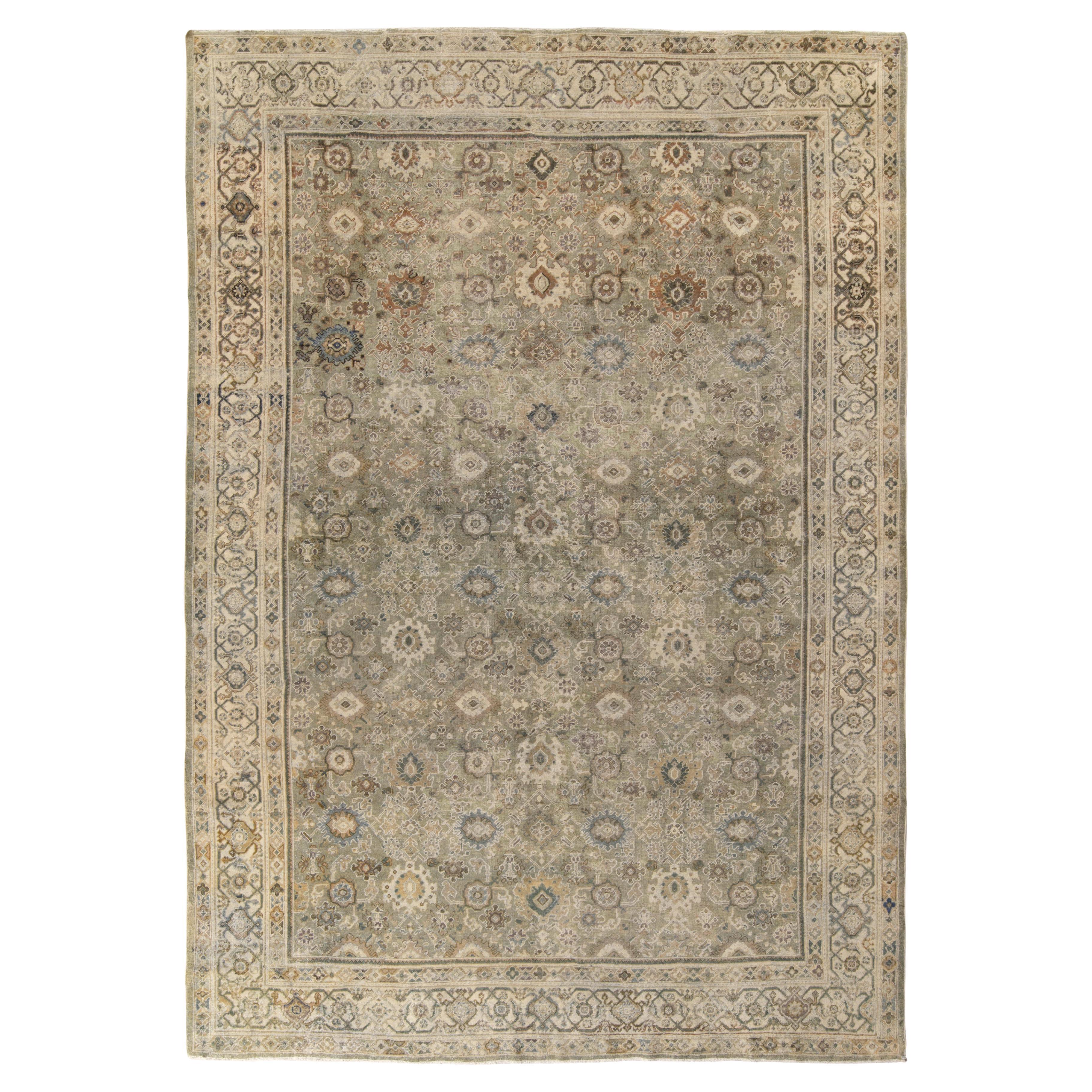 Vintage Persian Sultanabad Rug in Green, Beige Floral Pattern by Rug & Kilim For Sale