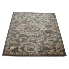 Vintage Persian Sultanabad Wool 4x4 Olive, Ivory & Blue Handmade Square Area Rug