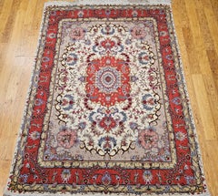 Vintage Persian Tabriz Area Rug in Floral Pattern in Ivory, Pink, Blue, Tan