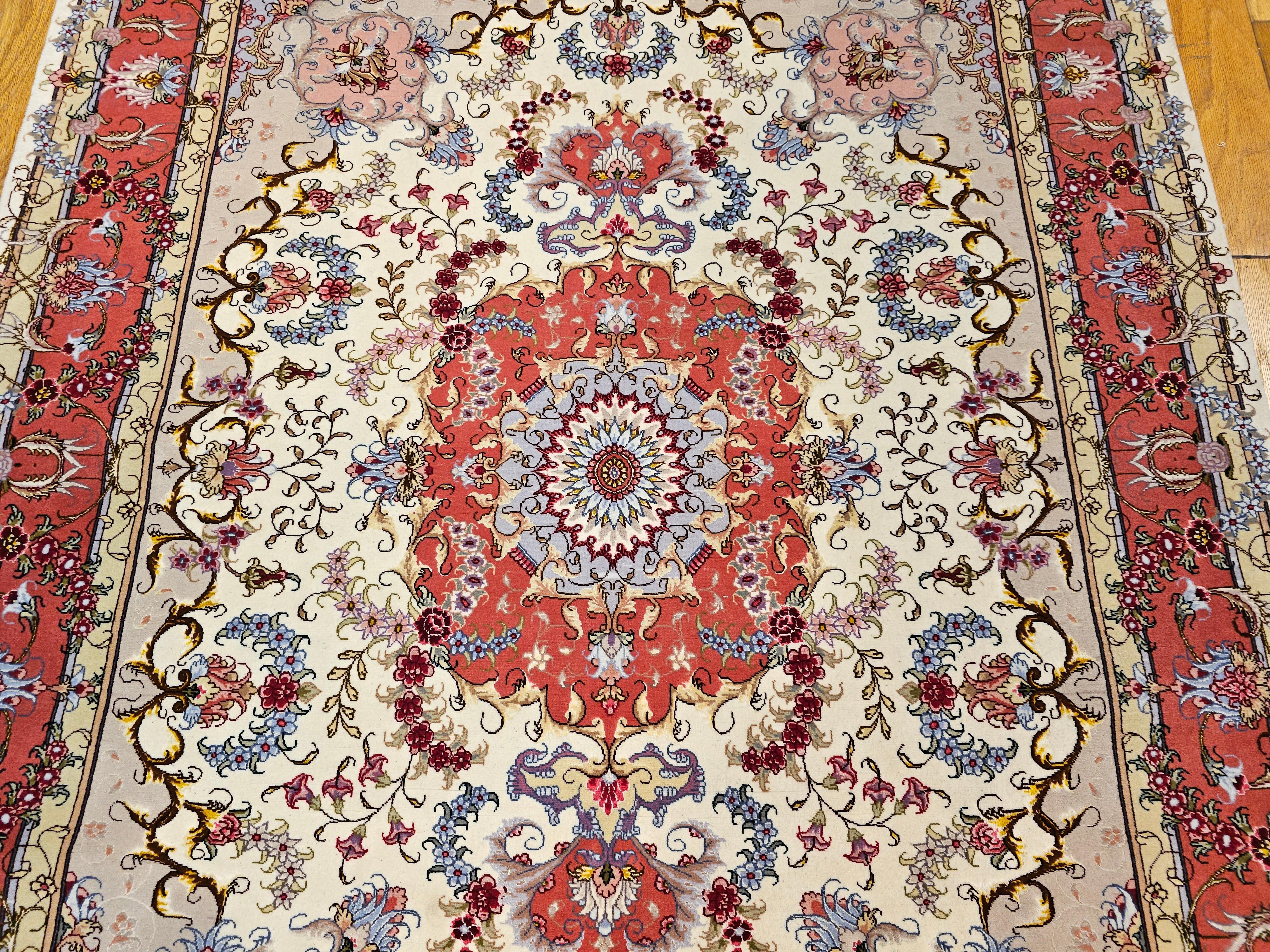Vintage Persian Tabriz Area Rug in Floral Pattern in Ivory, Salmon, Taupe, Blue For Sale 4