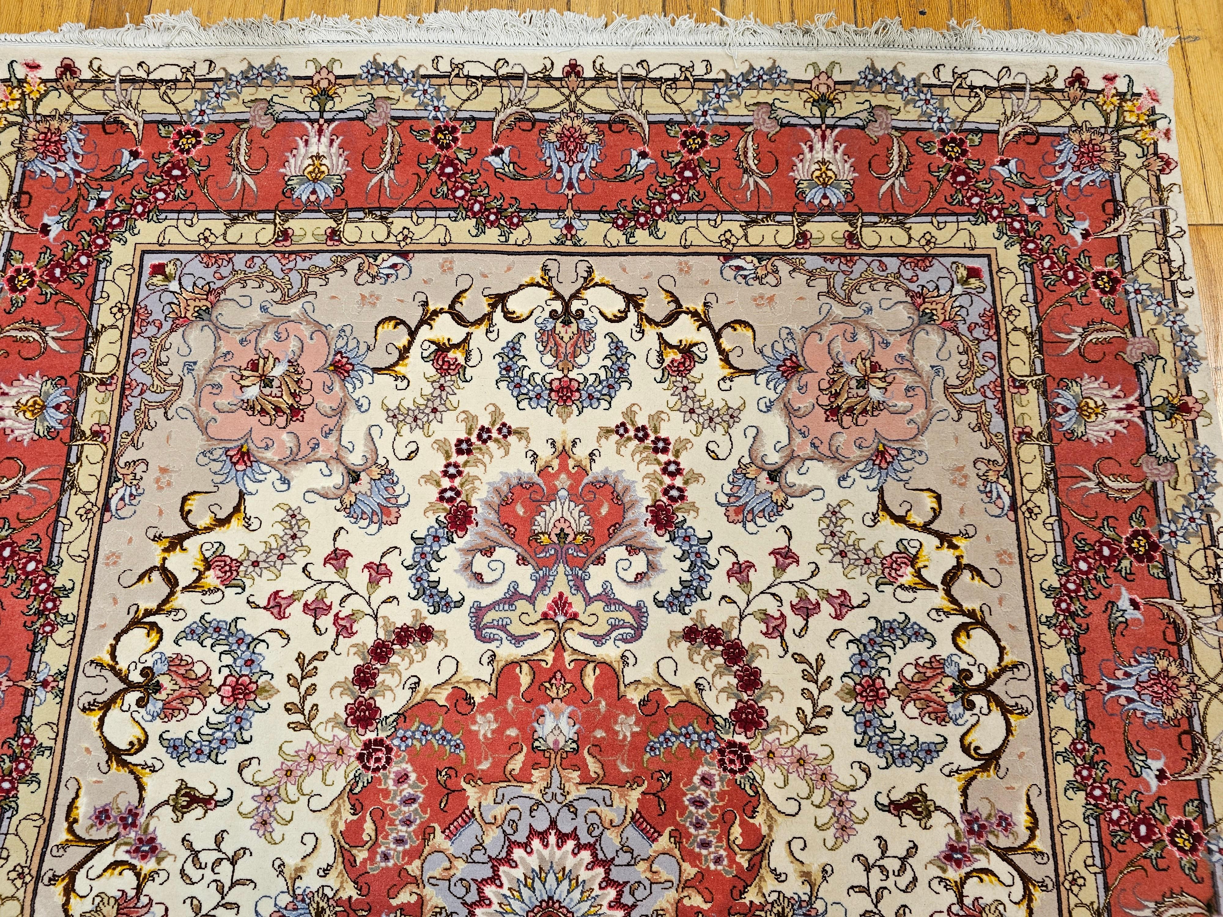 Vintage Persian Tabriz Area Rug in Floral Pattern in Ivory, Salmon, Taupe, Blue For Sale 5
