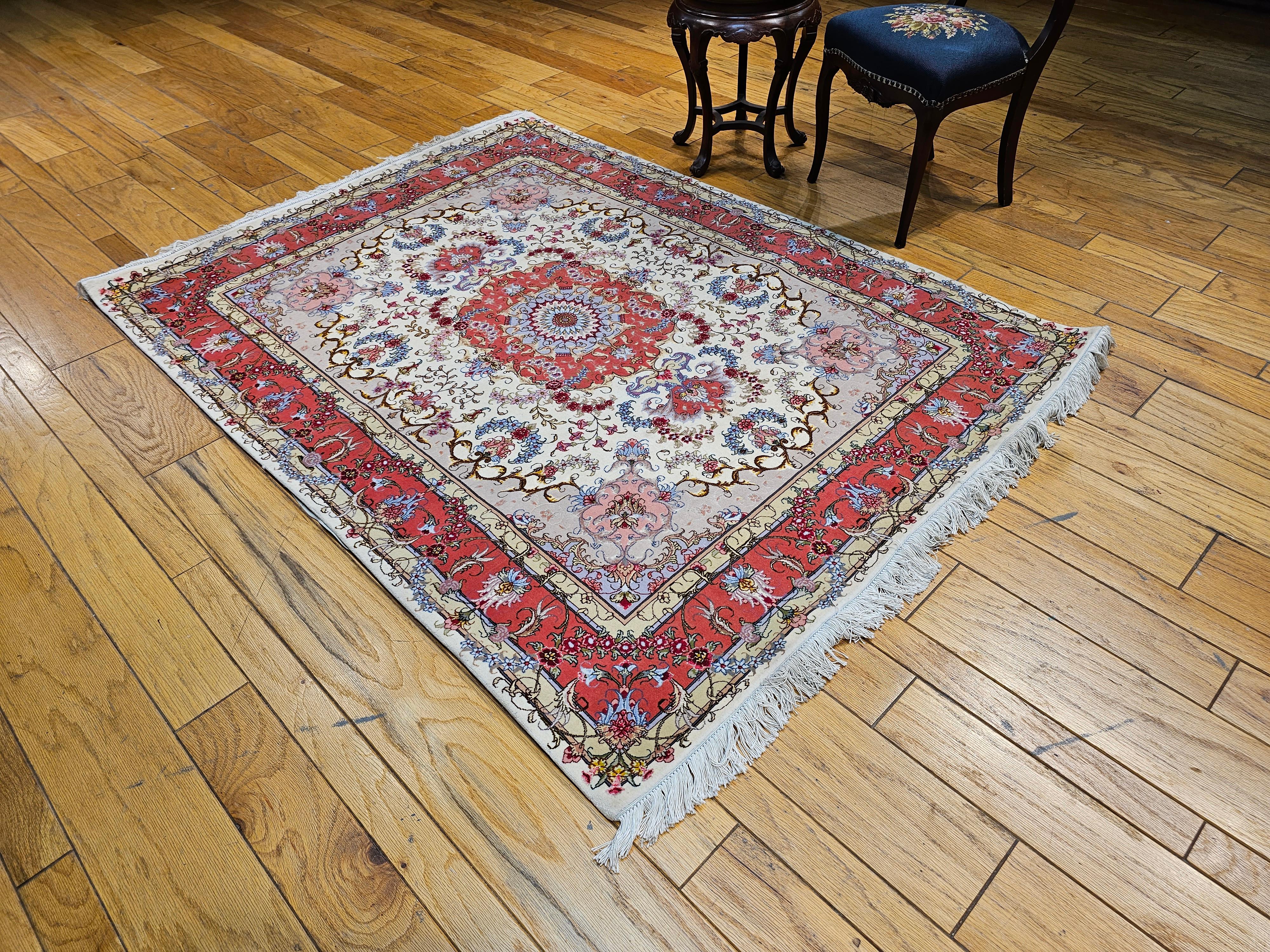 Vintage Persian Tabriz Area Rug in Floral Pattern in Ivory, Salmon, Taupe, Blue For Sale 6